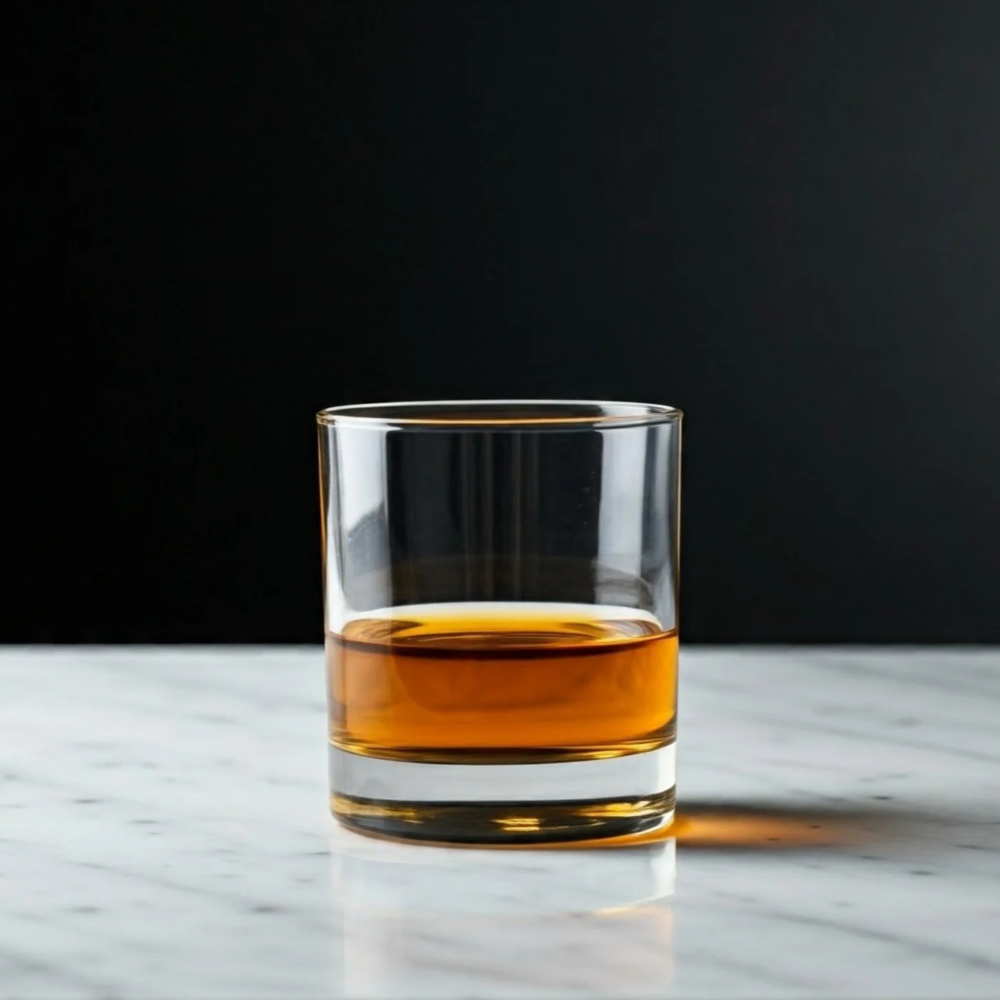 A clear glass of whiskey on a white marble surface with a dark background.