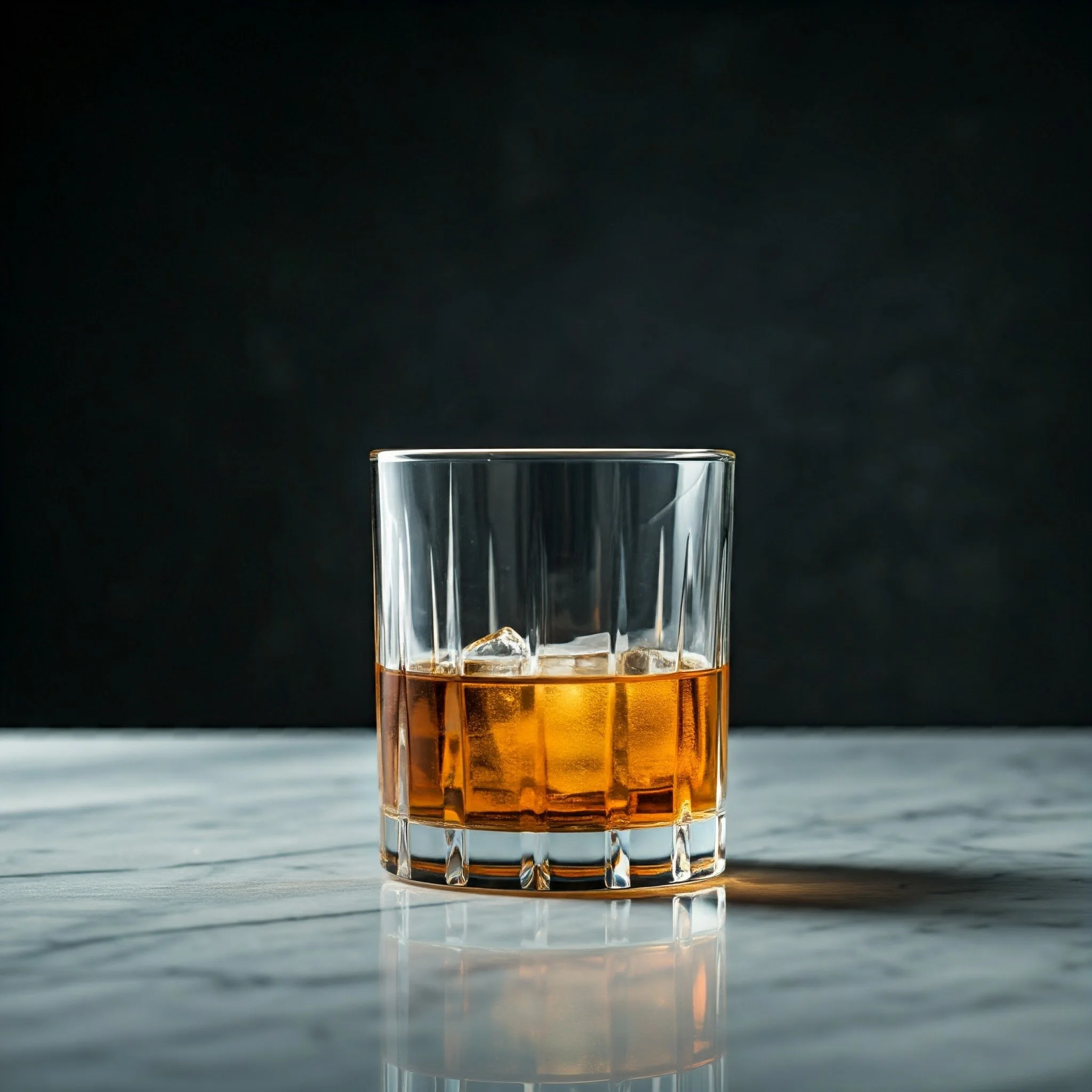 A glass of whiskey with ice cubes on a marble surface, dark background.