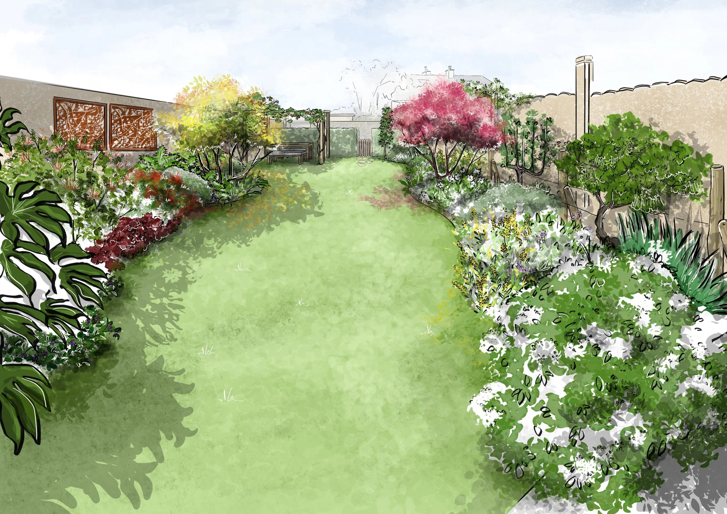 Aménagement d’un jardin en longueur par Papote et Dépote à Vitré, avec massifs et zones conviviales faciles à entretenir