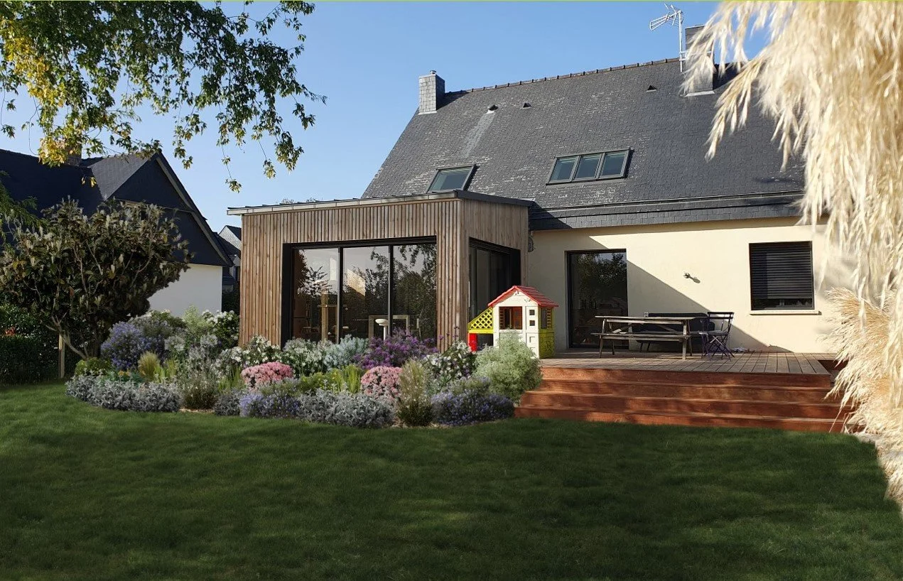 Vue perspective projet aménagement terrasse bois - 3D - Papote et Dépote - Paysagiste Conseil