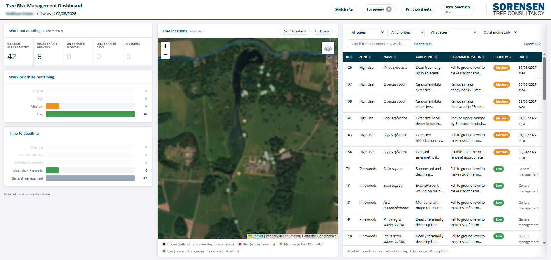Screenshot of a custom tree risk management dashboard showing tree health statuses, locations, and management recommendations with a satellite map view.