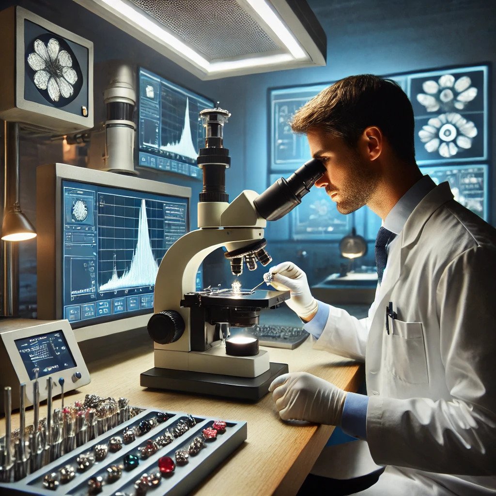 DALL·E 2024-11-04 15.21.43 - A high-tech gemstone analysis laboratory where a gemologist is meticulously examining a gemstone under a high-powered microscope. The gemologist is fo.jpg