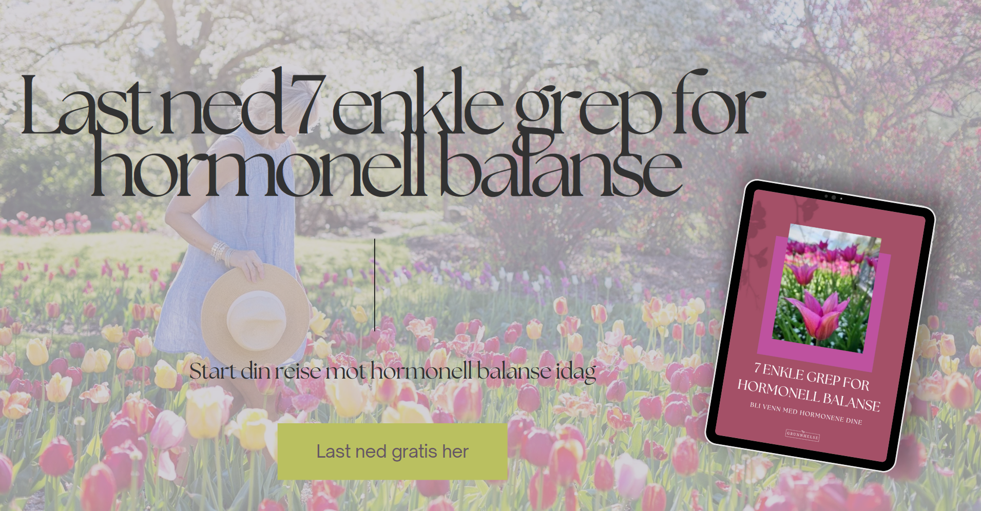 Forside av en nettside med bilde av en person i en blomstereng og en digital bok med tulipaner på skjermen, tekst som reklamerer for en guide om hormonell balanse.