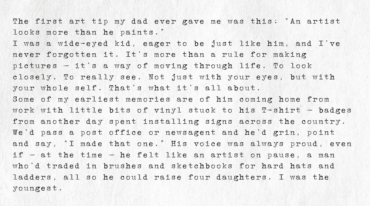 A typewritten page with a paragraph about childhood memories and the author's father's advice about art.