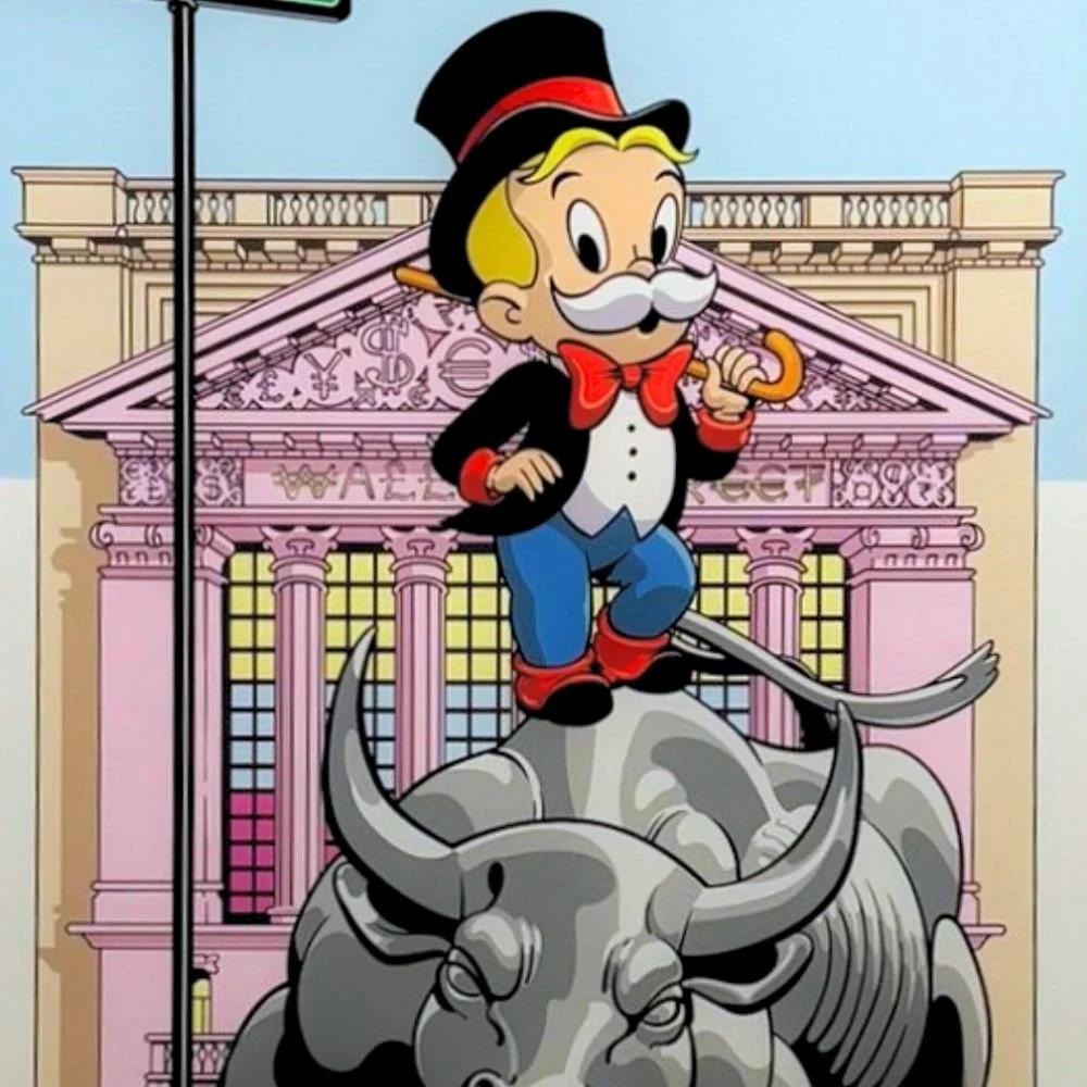 Alec Monopoly artwork featuring the Monopoly Man and Wall Street bull
