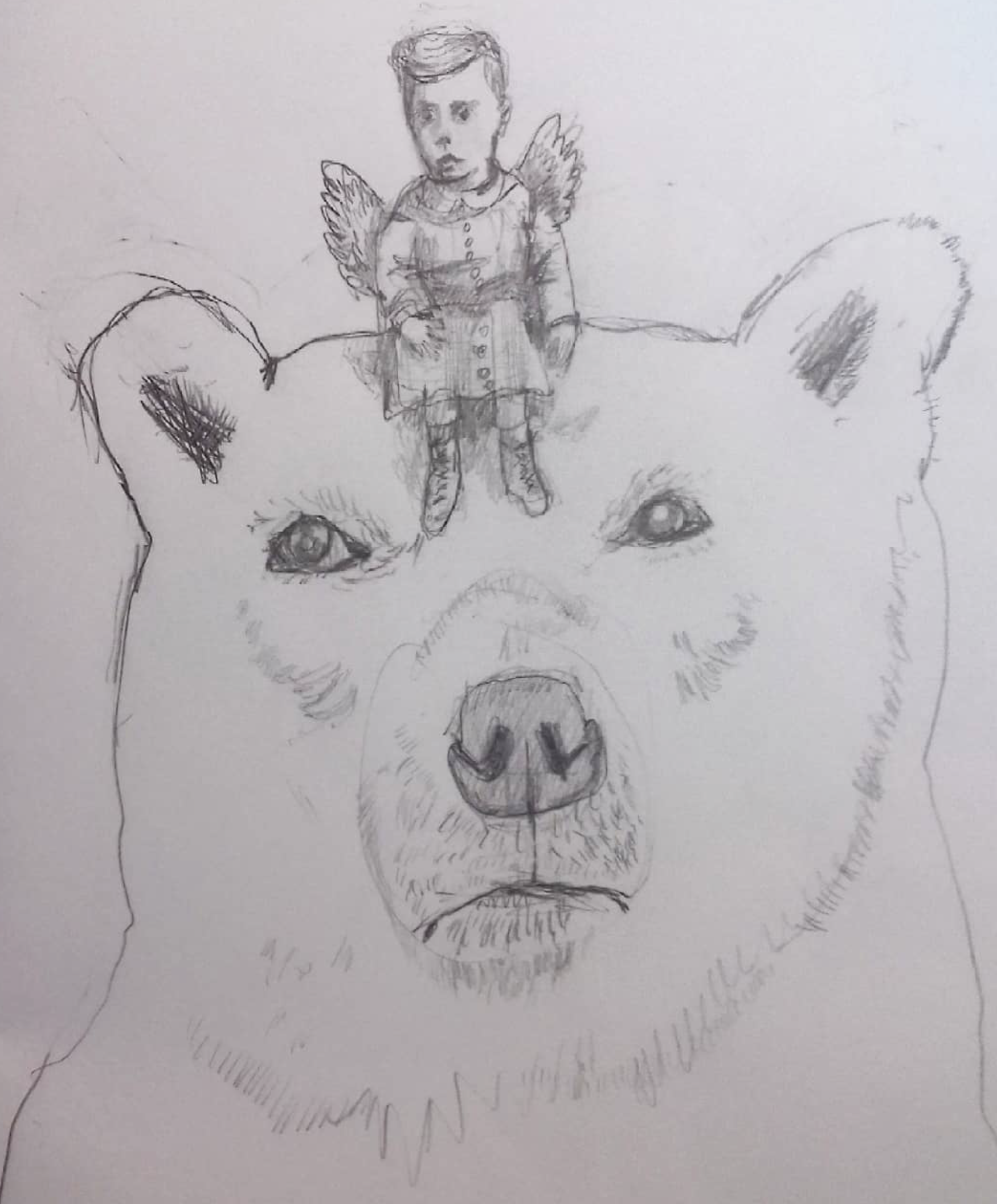 A pencil sketch of a large bear's face with a small child with wings standing on its nose
