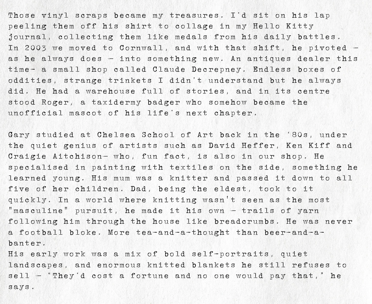 Page of typed text recalling memories about old vinyl records, moving to Cornwall in 2003, and artwork at Chelsea School of Art in the 1980s. Describes a shop called Claude Decrepney, a mascot called Roger, and a person's early work mixing self-portraits, landscapes, and knitted blankets.