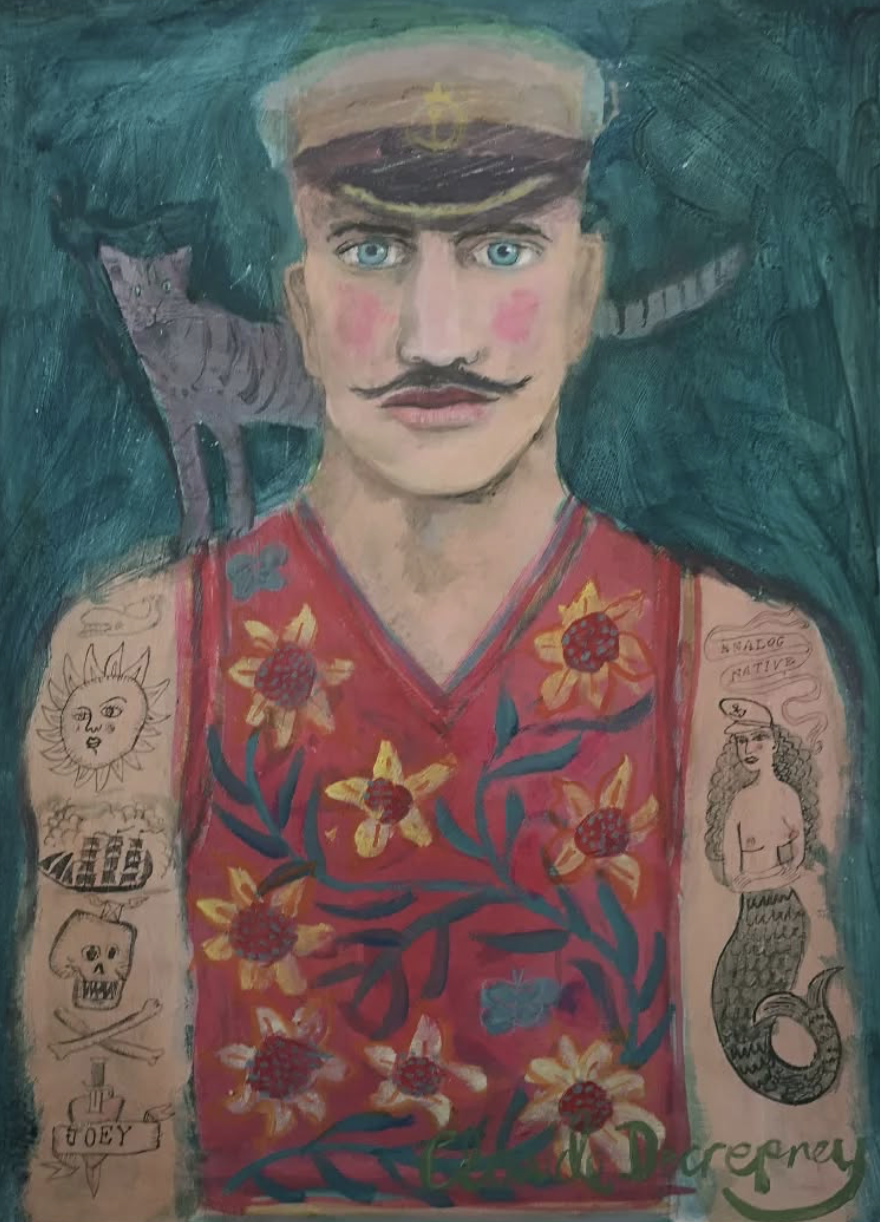 Painting of a man with blue eyes, pink cheeks, and a mustache, wearing a beige captain's hat with a black brim, against a dark green background. He is dressed in a red shirt with yellow and orange floral patterns. He has various tattoos on both arms, including a sun with a face, a skull, and a mermaid with curly hair. A black cat is in the background near his left shoulder.