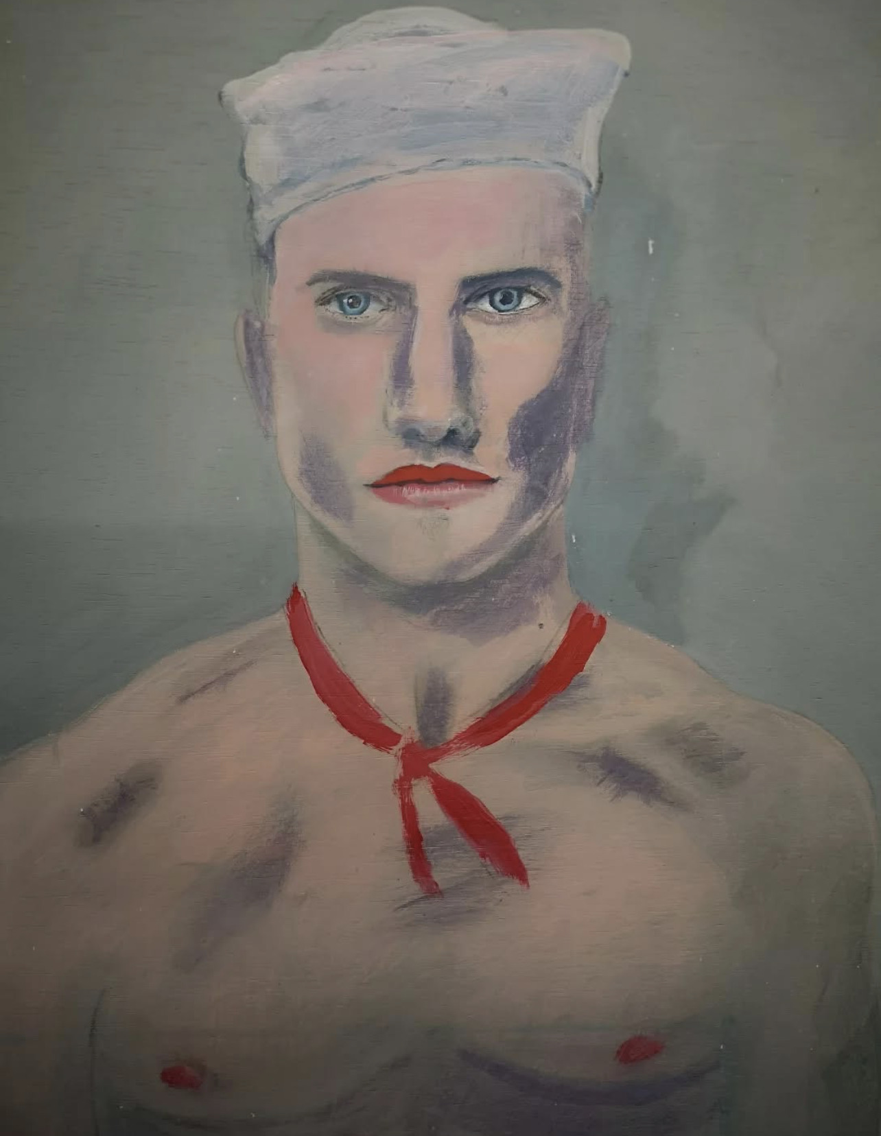 A painted portrait of a woman with blue eyes, red lips, short light-colored hair covered with a white headscarf, and a red neckerchief. The background is plain and muted.