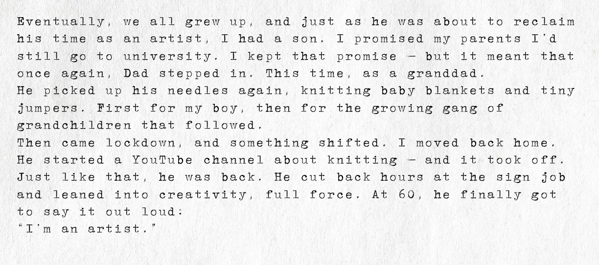 Typed text about personal growth, family, and pursuing art, mentioning a son, knitting, YouTube, and being an artist.