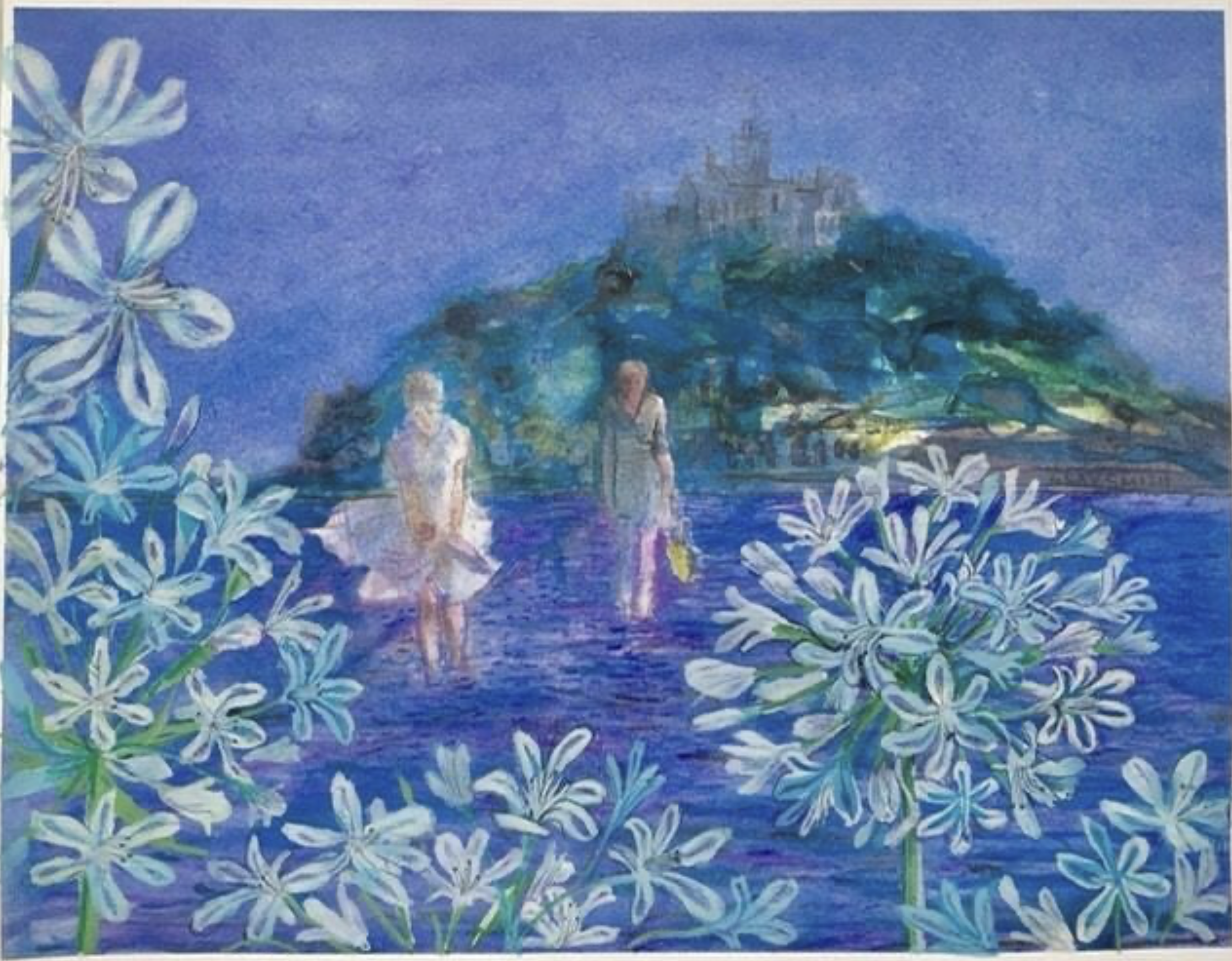 A painting of two women walking through water with a hill and castle in the background, surrounded by white flowers in the foreground.