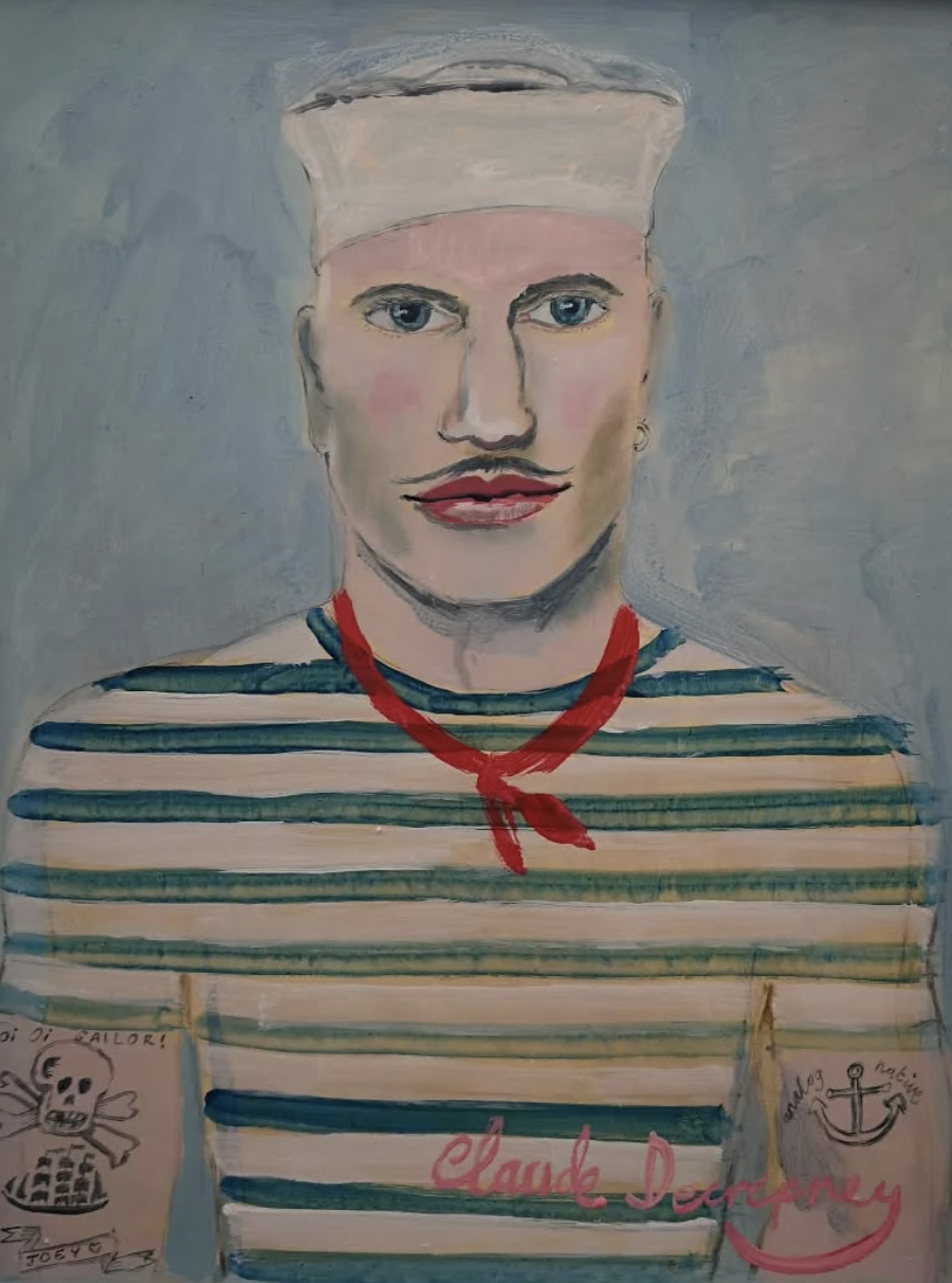 A painting of a person dressed as a sailor, wearing a white sailor hat and a striped shirt, with a red neckerchief, light skin, blue eyes, and lipstick. The background is light gray, and there are some drawings and text at the bottom, including a skull and crossbones and an anchor with the words "Sailing" and "Nautical".