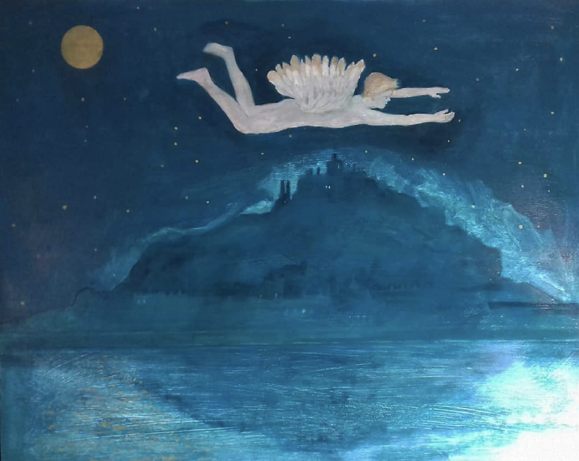 A painting depicting a woman flying over a blue sea at night with a moon in the sky, and a dark hill with a structure on top in the background.