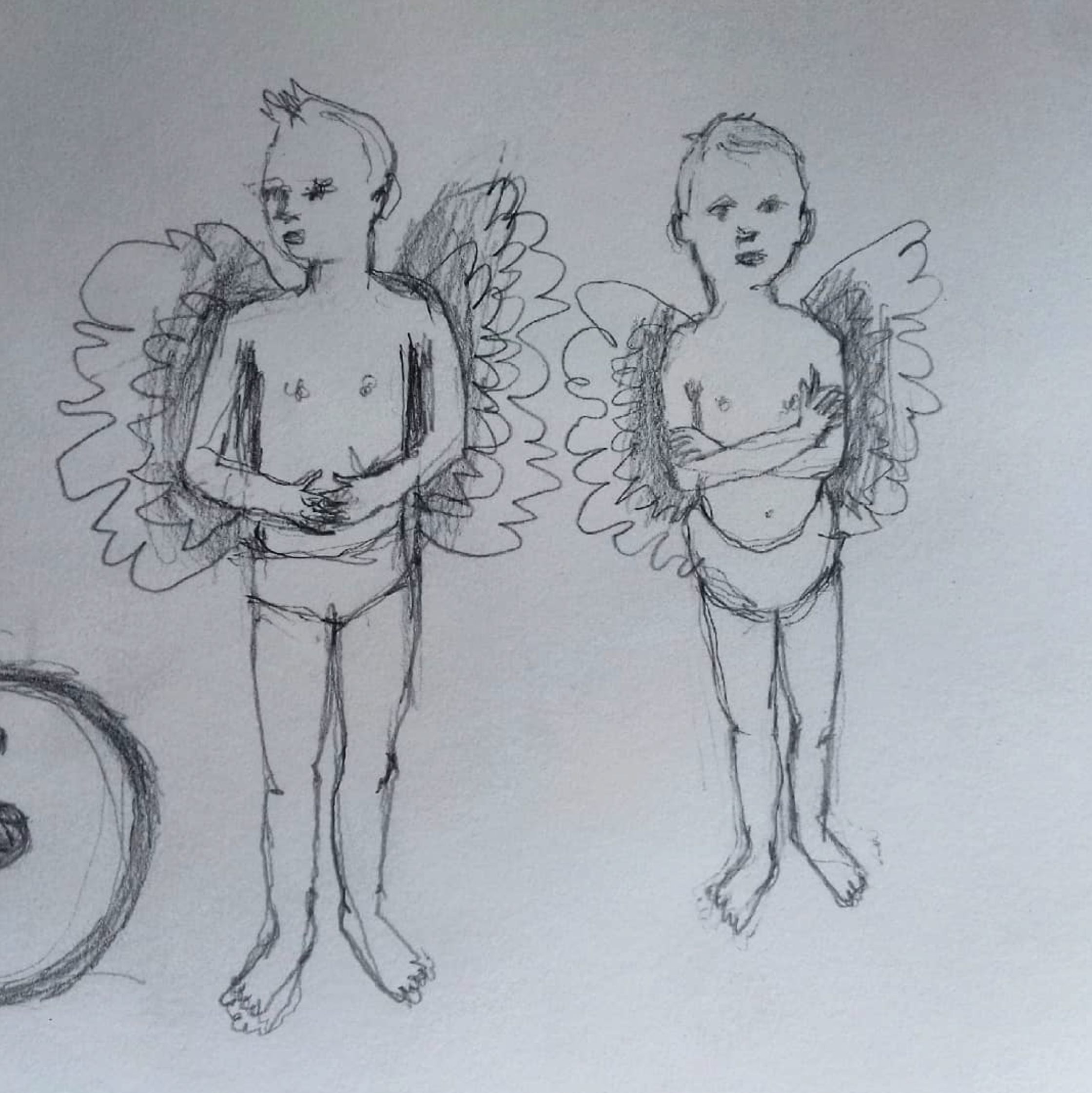 A hand-drawn sketch of two young children with angel wings, standing with crossed arms, wearing only underwear.