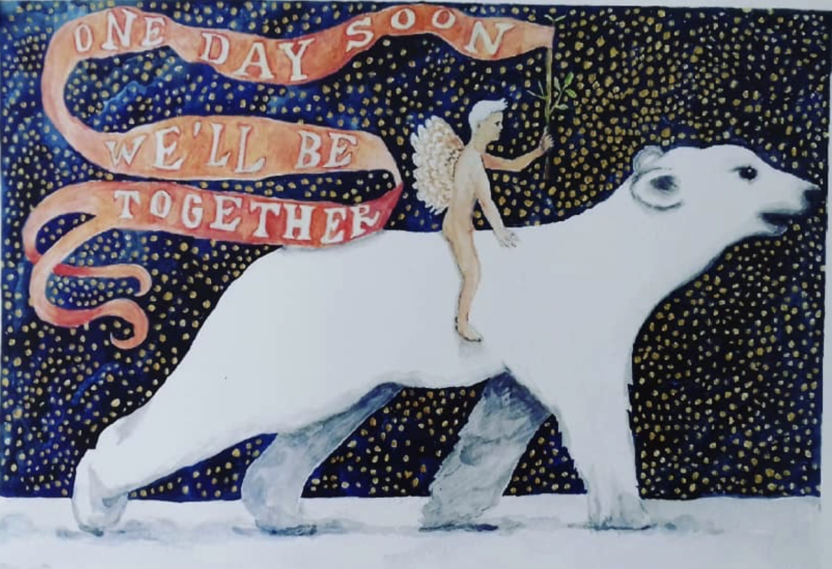 A white bear with a winged human figure riding on its back, holding a branch. A pink ribbon with the phrase 'One day soon we'll be together' floats above them. The background is dark blue with yellow dots.