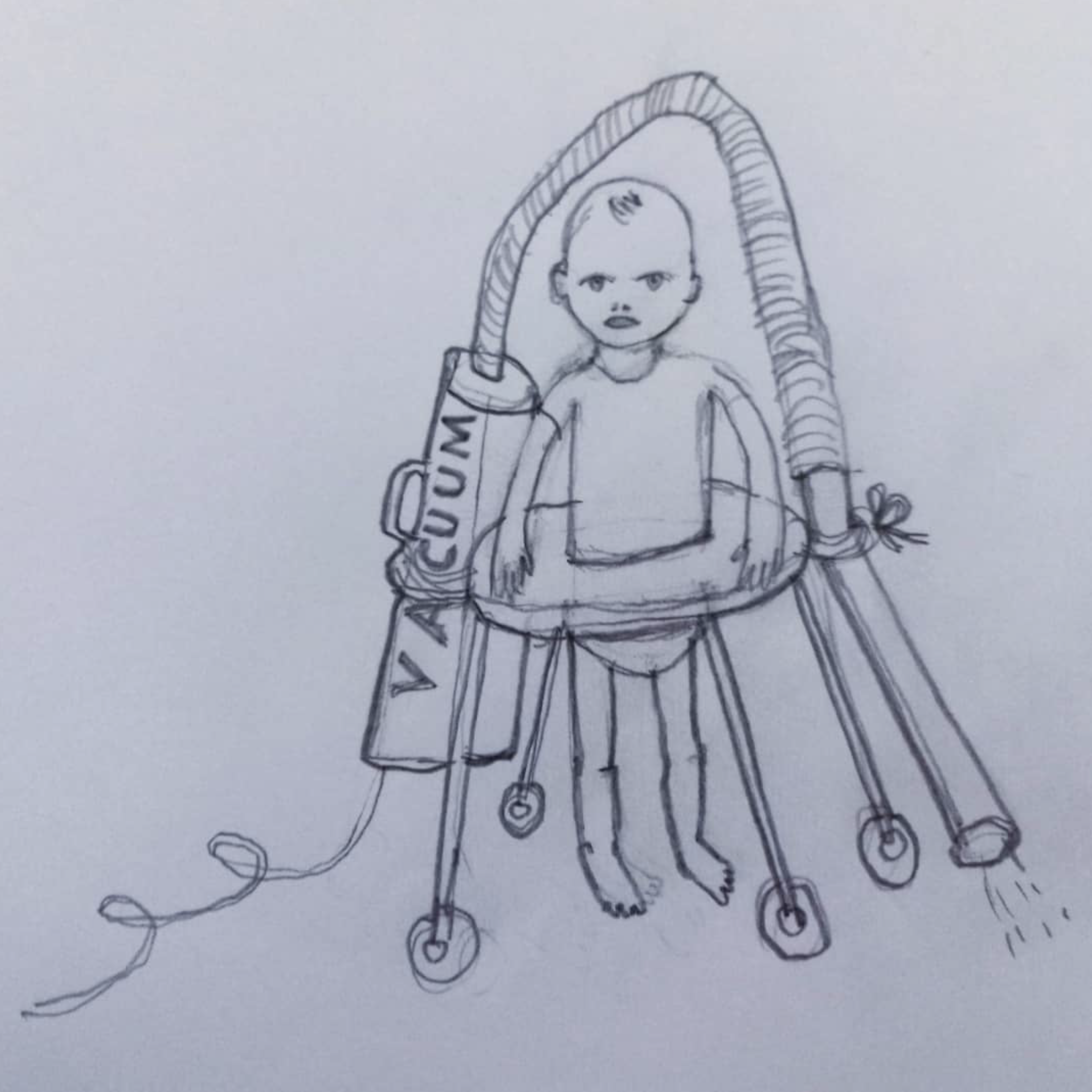 Drawing of a baby in a walker with a vacuum cleaner attached, labeled "CLEAN".