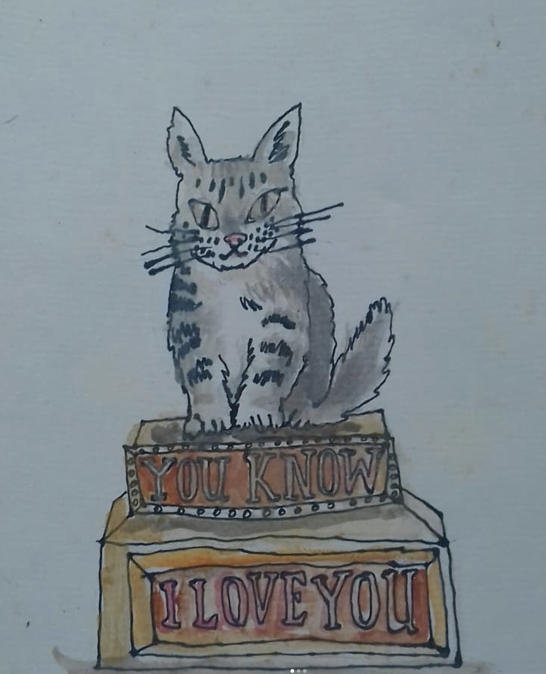 Watercolor painting of a gray tabby cat sitting on a box with the words 'You Know I Love You' written on it.