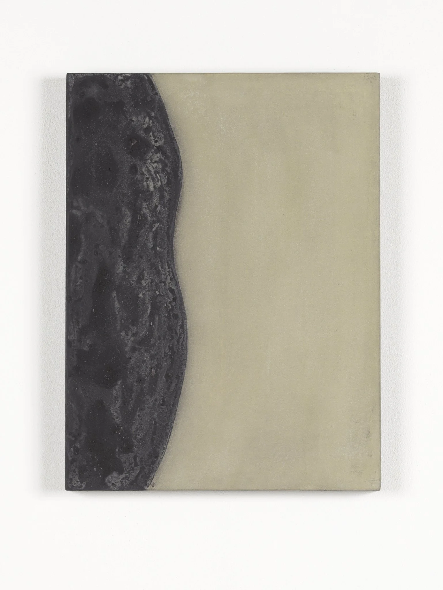 Modern art piece featuring a black, textured, curved shape on a cream-colored background.