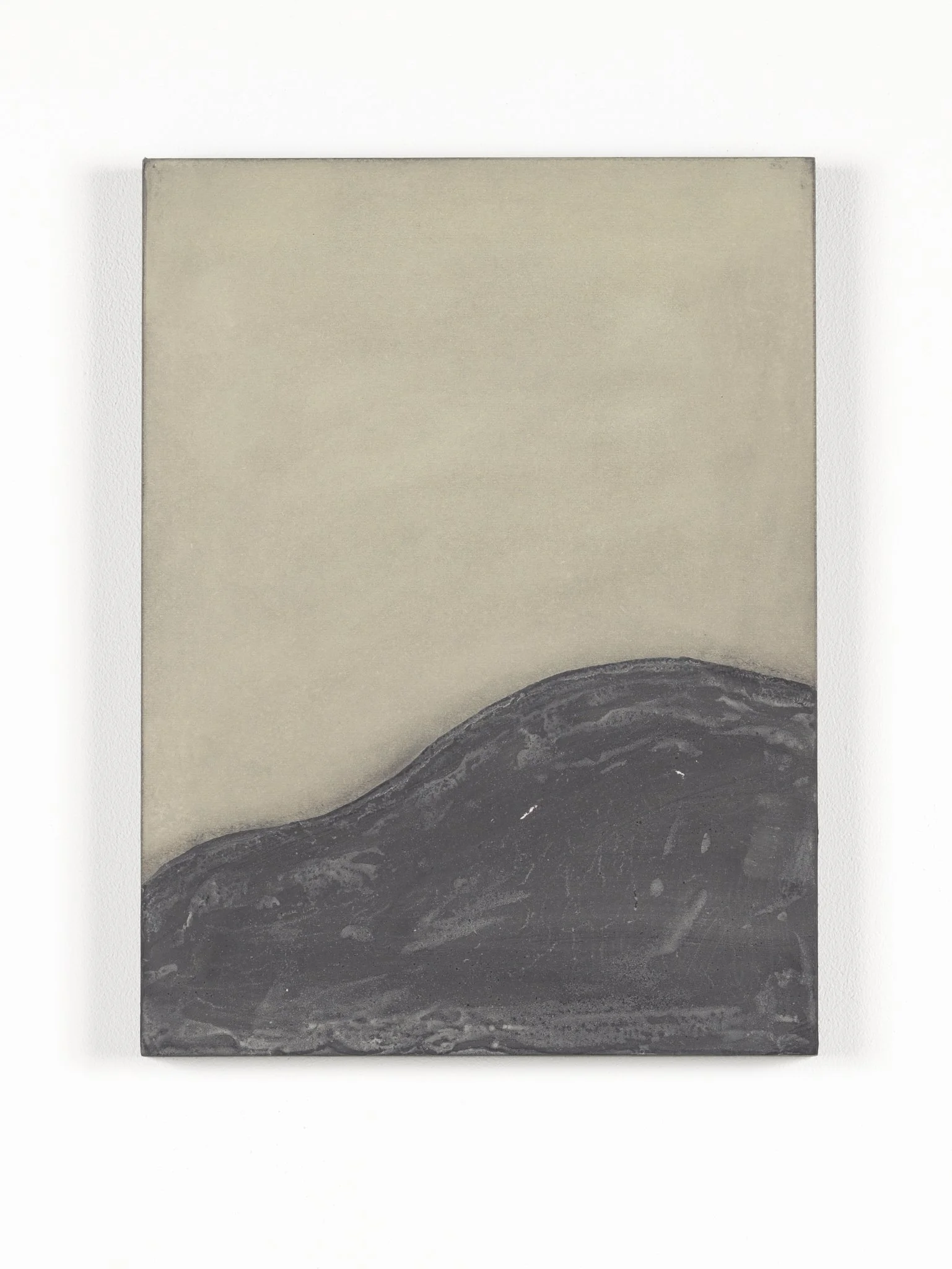 A painting of a large ocean wave in shades of gray and black.