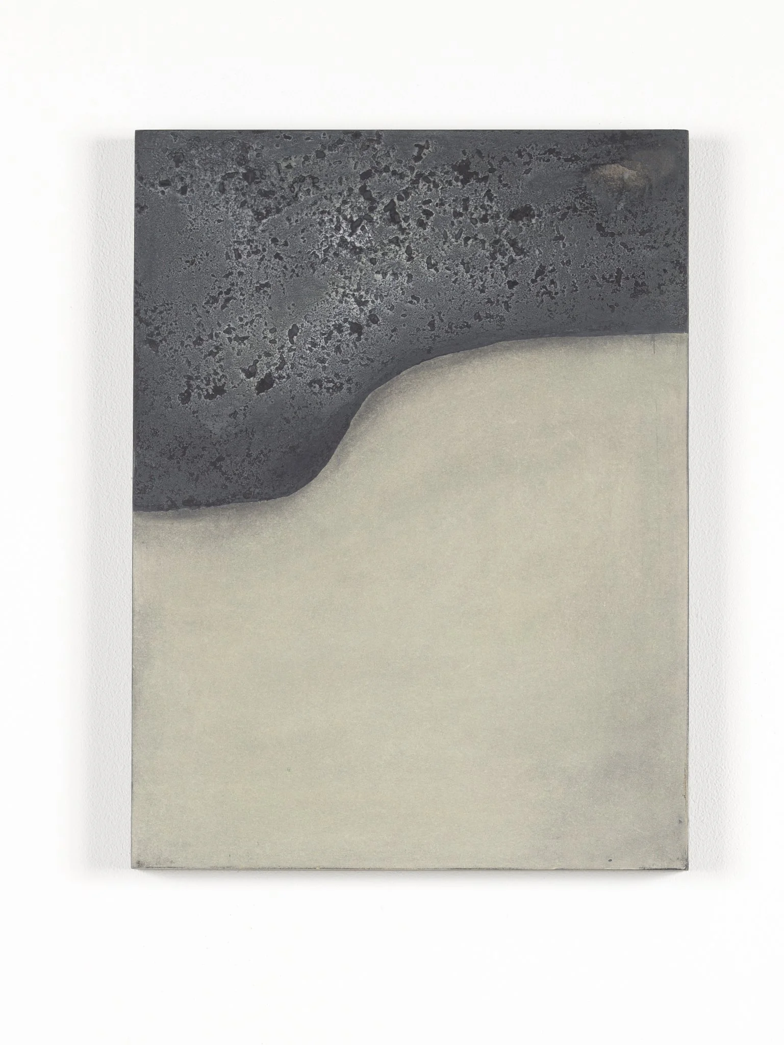 Abstract painting with textured black and grey upper section and smooth beige lower section.