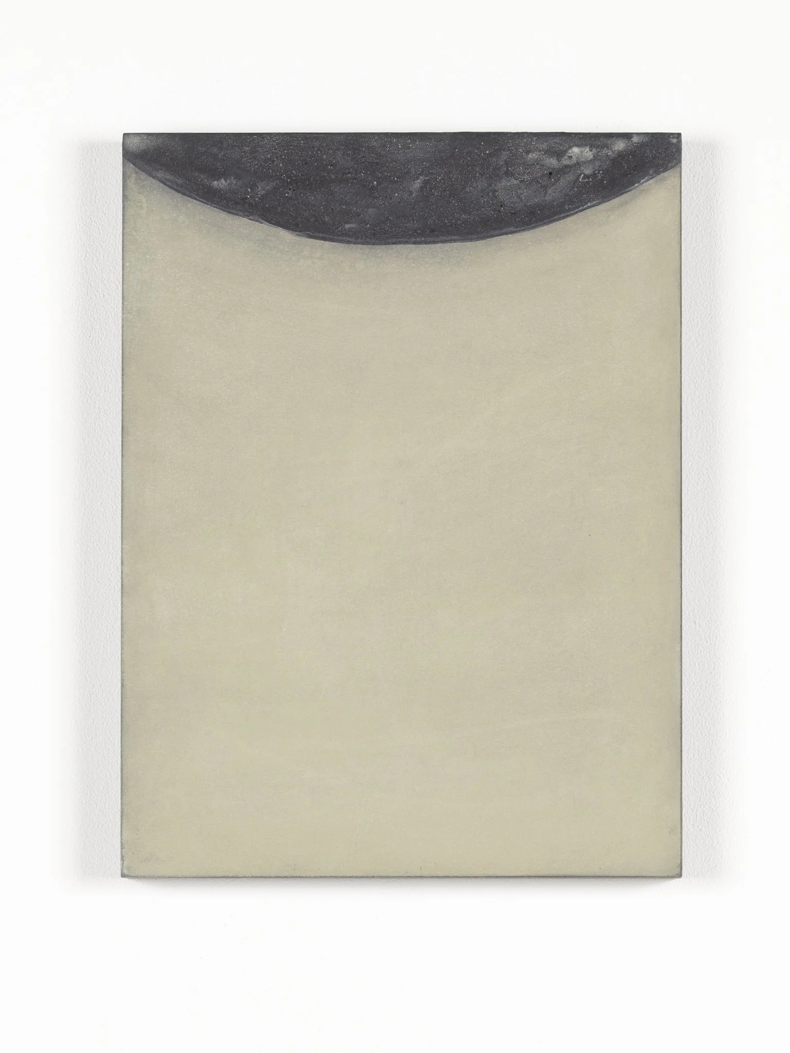 A minimalist abstract painting featuring a semi-circular black shape at the top against a beige background.