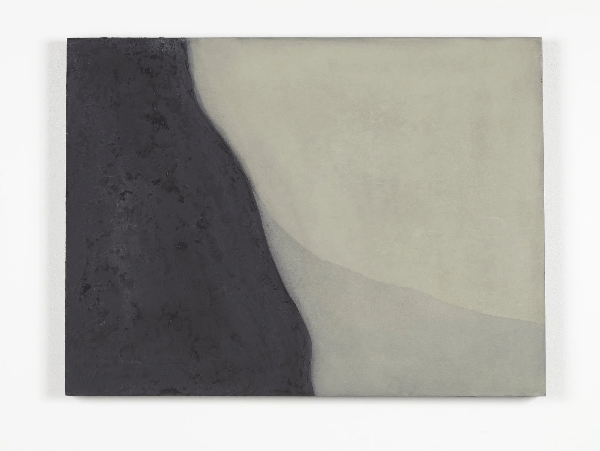 An abstract geometric painting with a large dark gray triangle on the left, a smaller dark textured section on the bottom left, and a light beige background on the right.