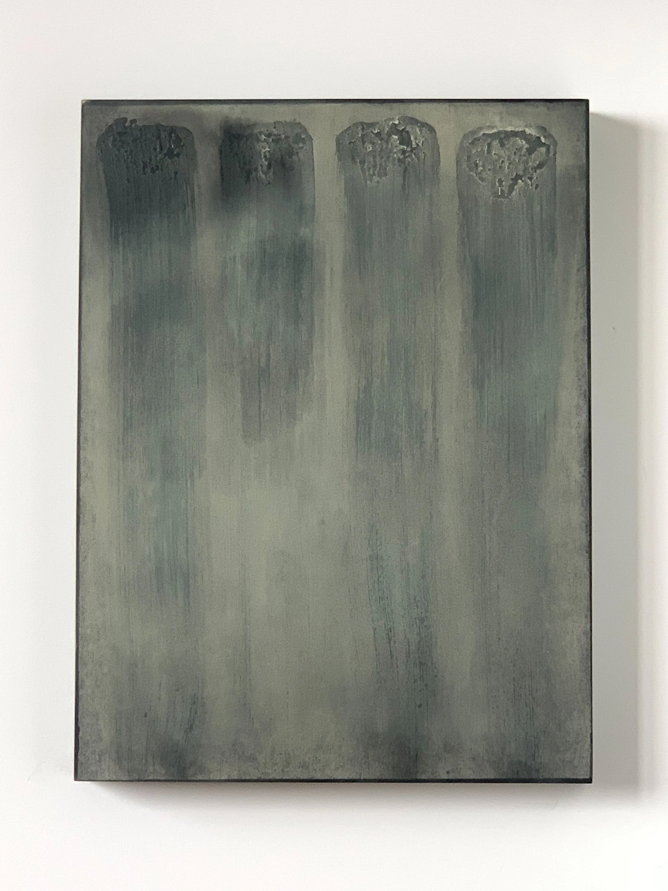 Minimalist abstract painting by Ekaterina Galera, combining layered mineral textures, muted tones and a neutral palette with a focus on material, surface and space.