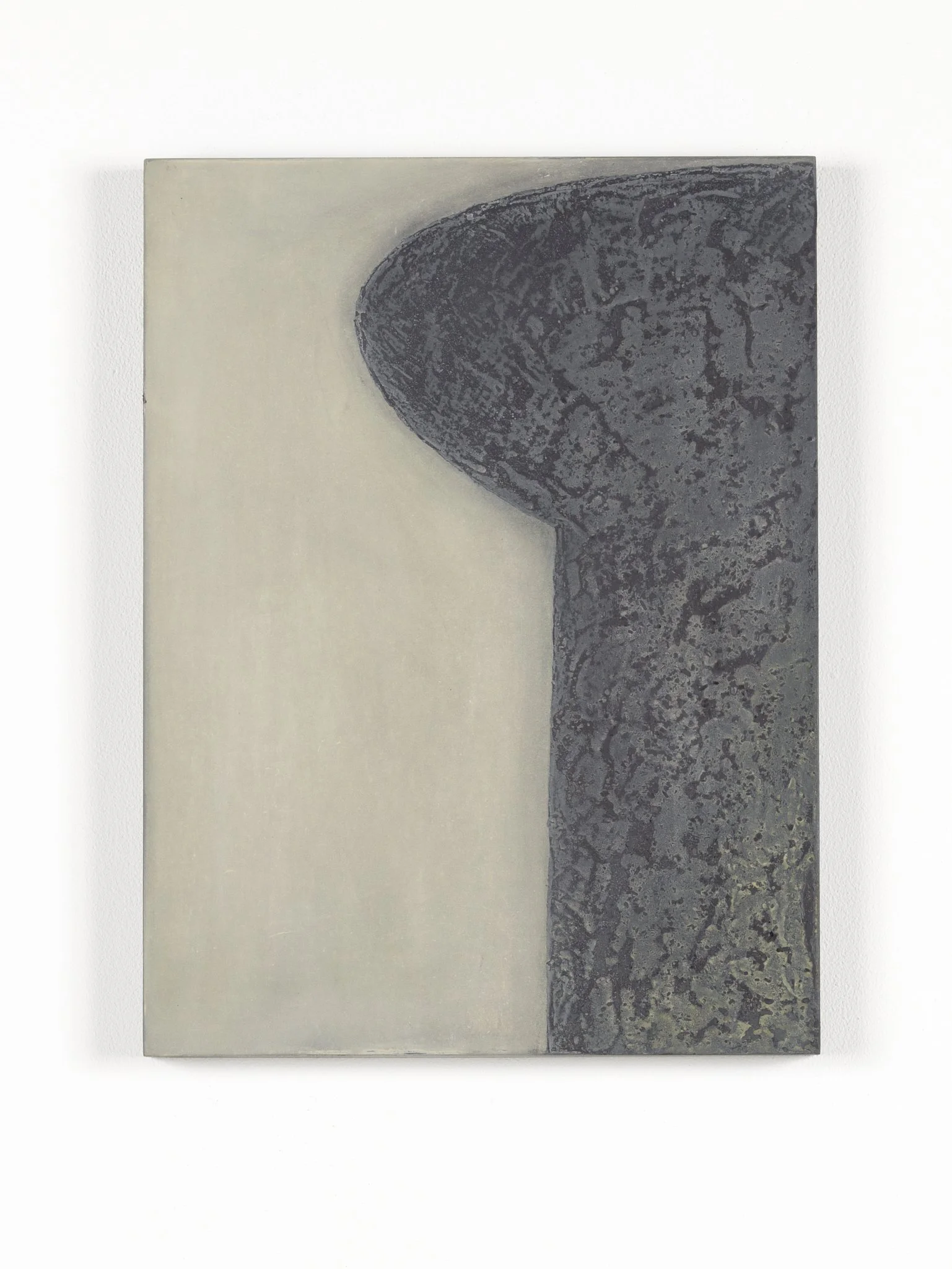 A rectangular canvas featuring a grey background and a dark, textured shape on the right side that appears to be a close-up view of a natural object, possibly a geode or mineral formation.