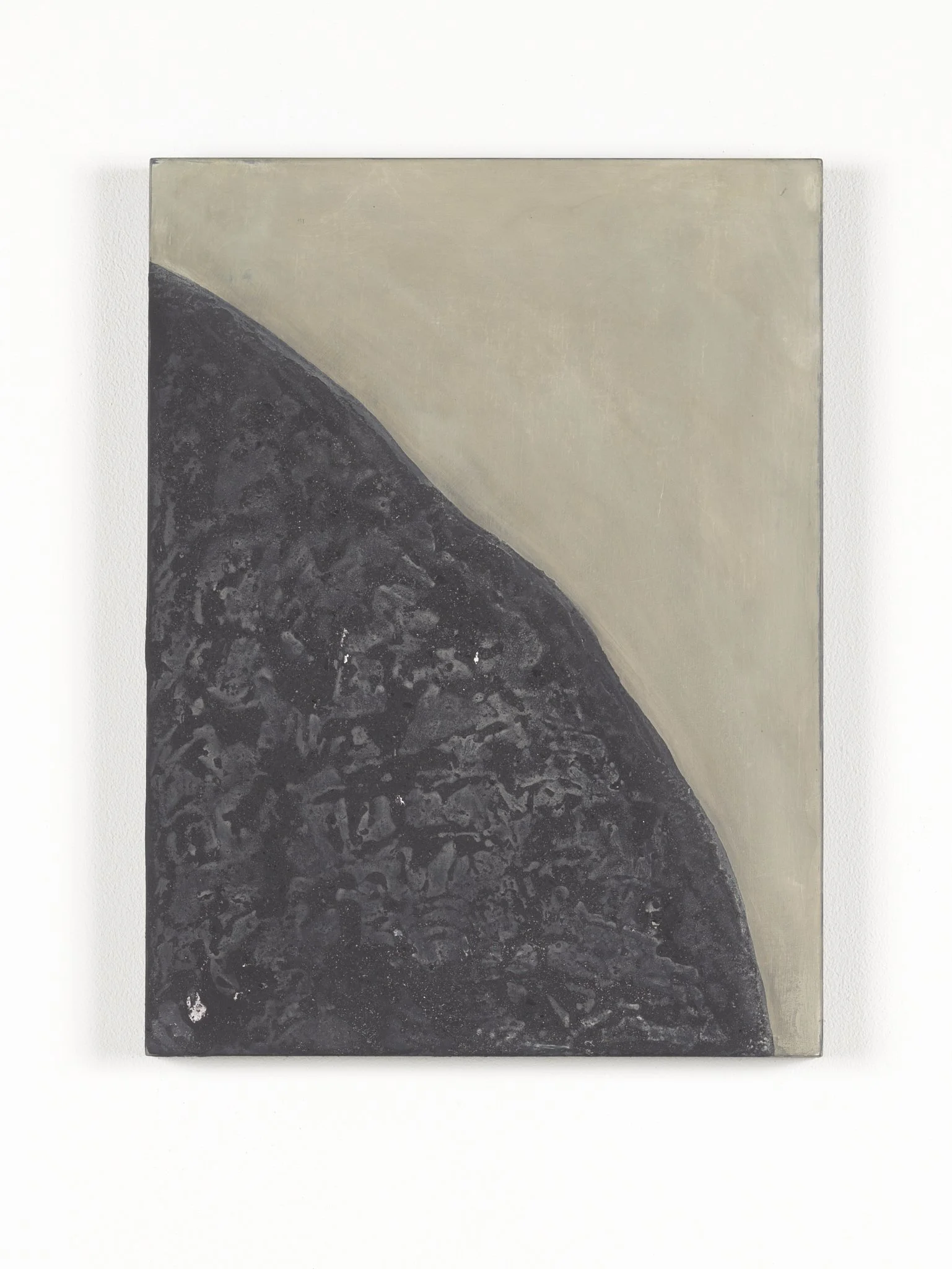 Abstract artwork featuring a diagonal division between a dark textured lower section and a smooth, pale upper section, displayed on a white background.