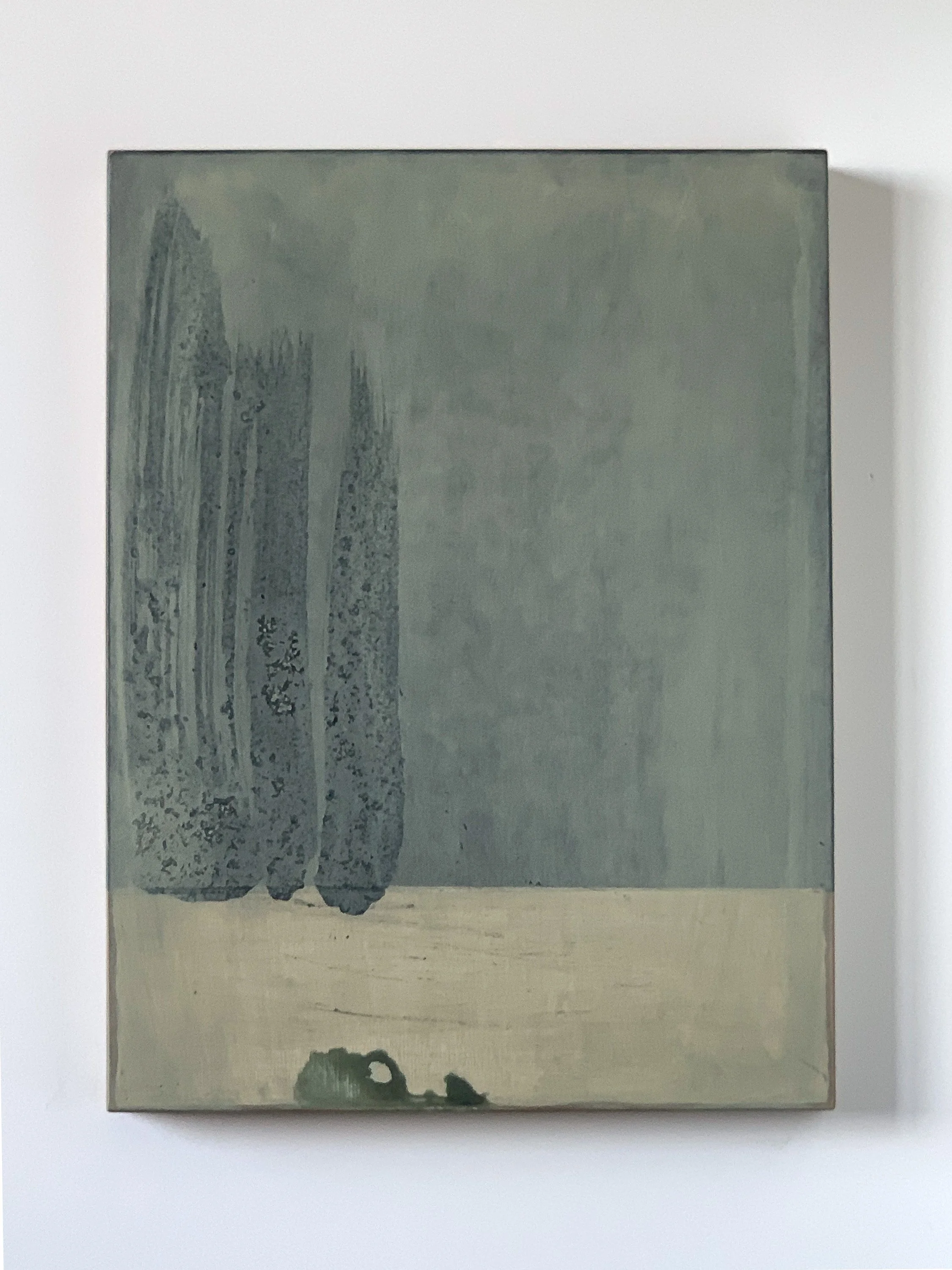 Abstract painting from the Surface series by Ekaterina Galera, with muted green tones and a layered textured surface.