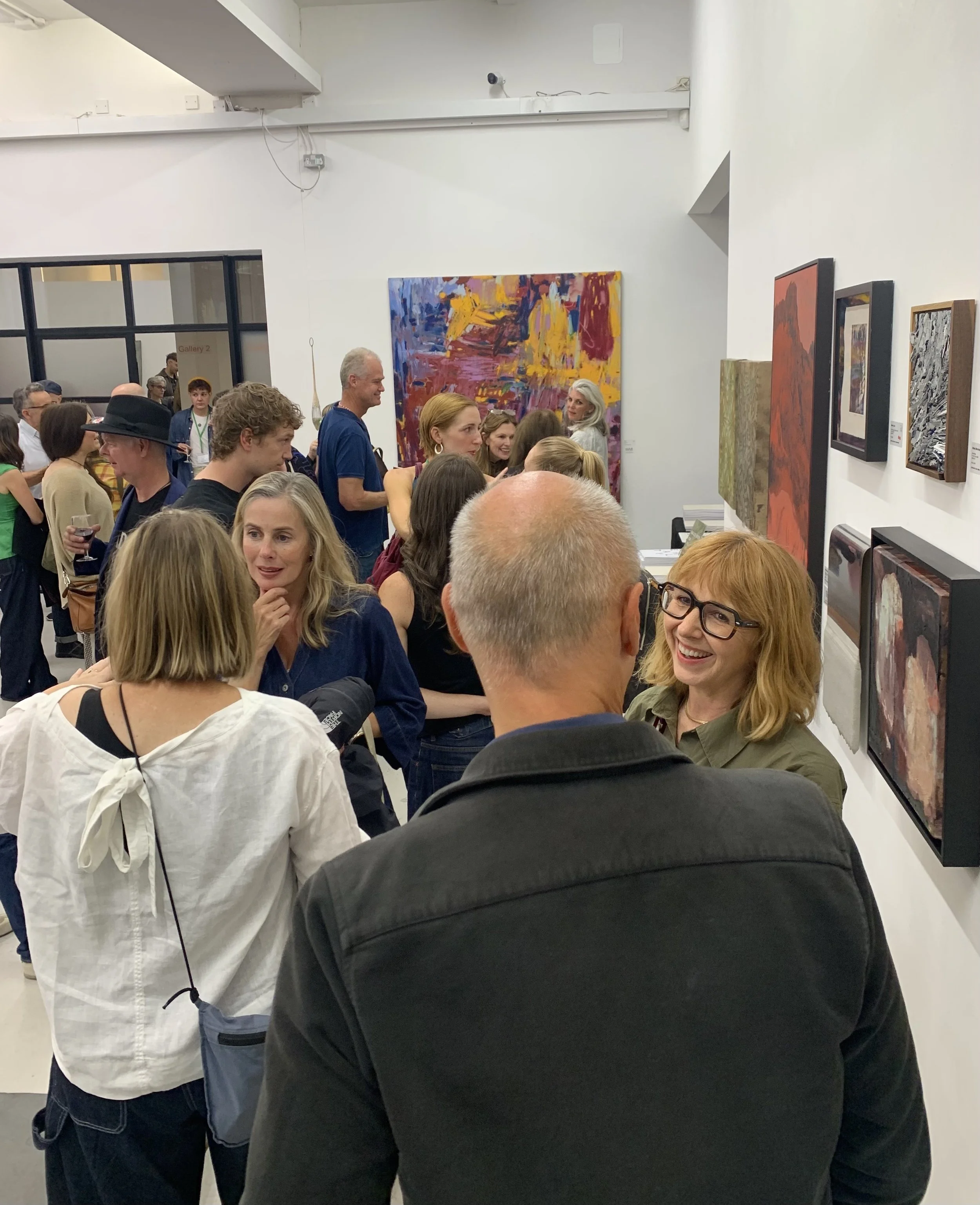 Visitors at the opening of No Place Art – Materiality at The Handbag Factory, London, September 2026.