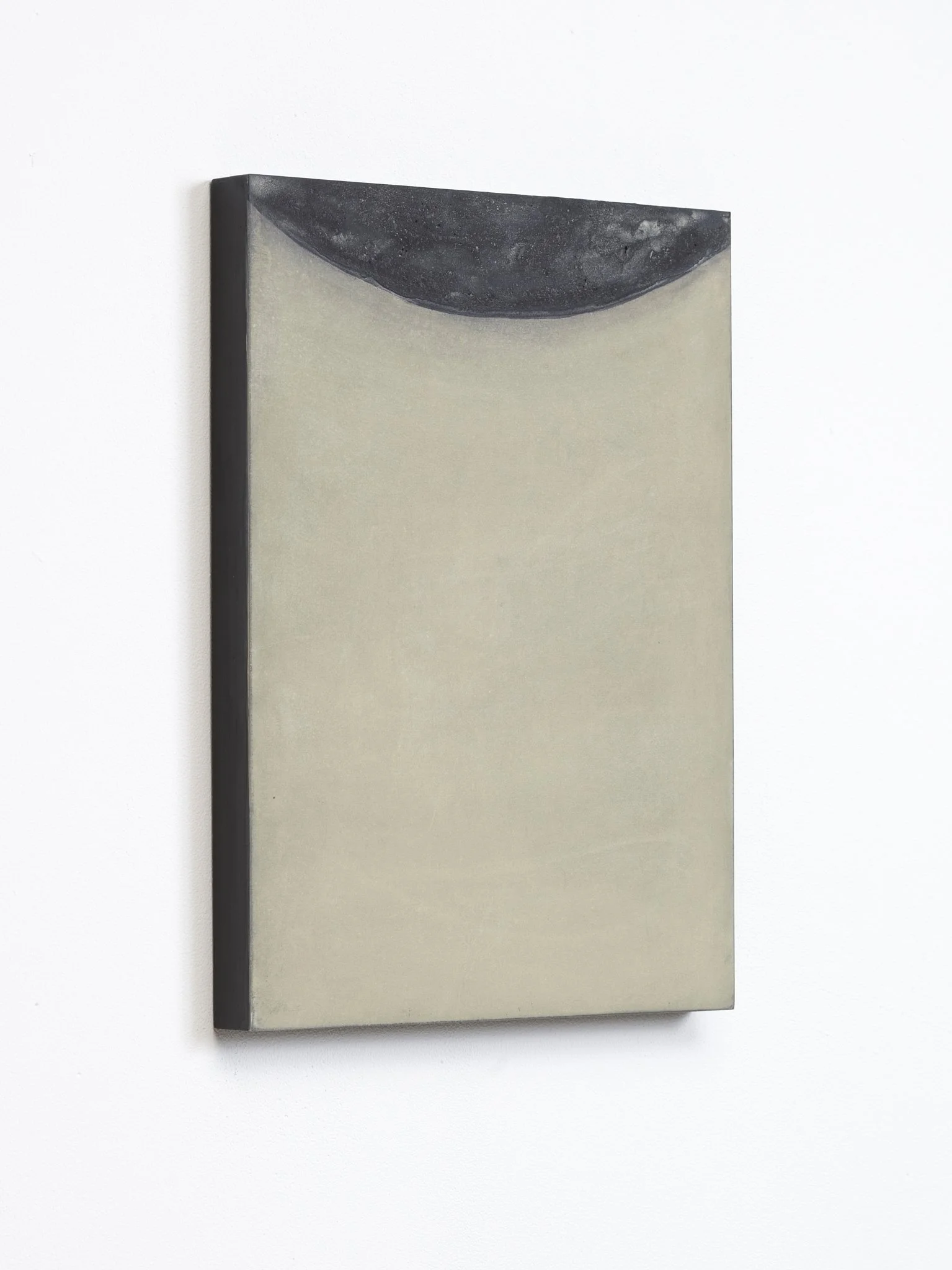 Minimalist abstract painting by Ekaterina Galera, combining charcoal and mineral textures with a neutral palette, organic forms and a strong focus on material and space.