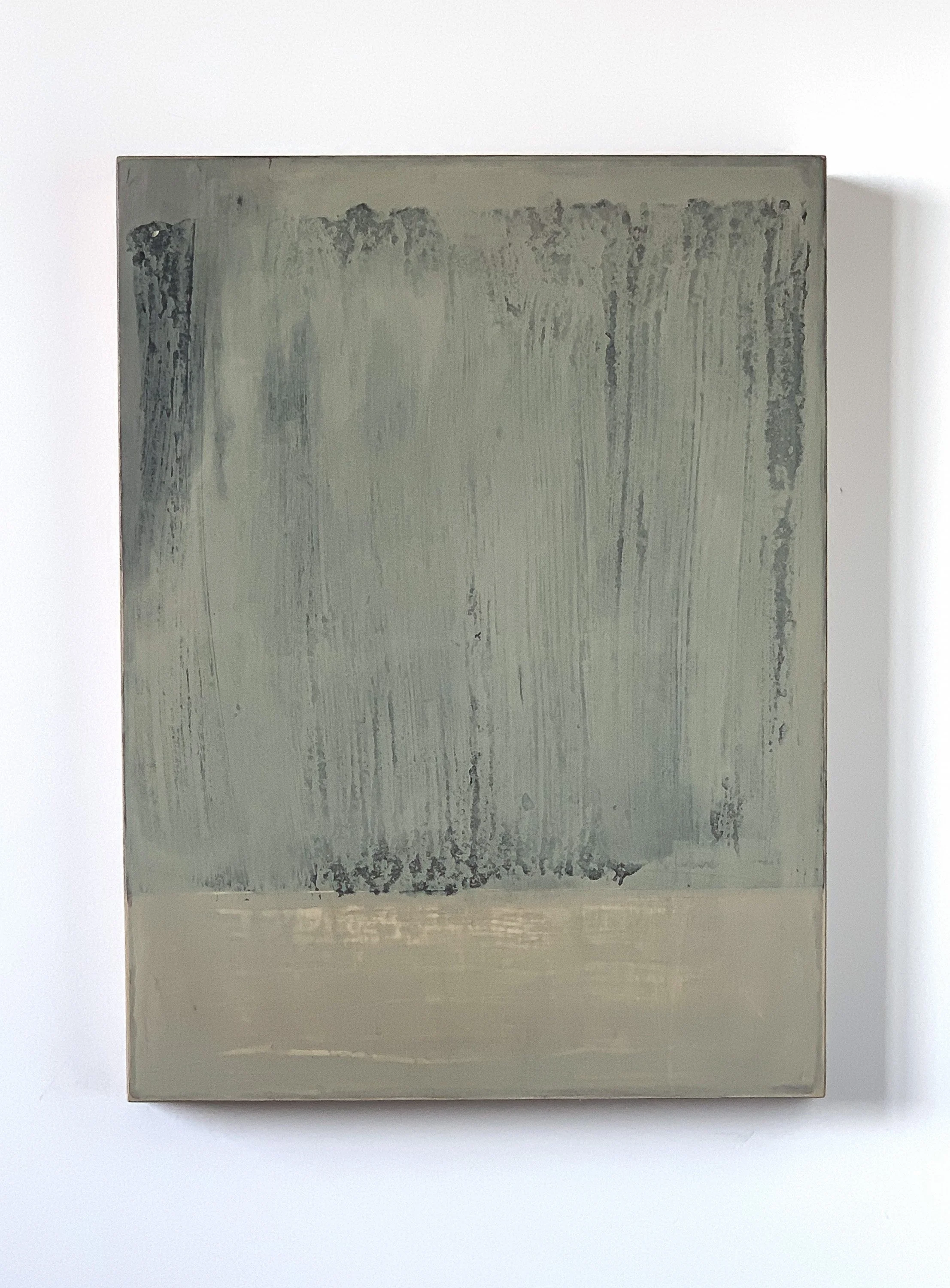 Minimalist abstract painting by Ekaterina Galera, combining layered mineral textures, muted tones and a neutral palette with a focus on material, surface and space.