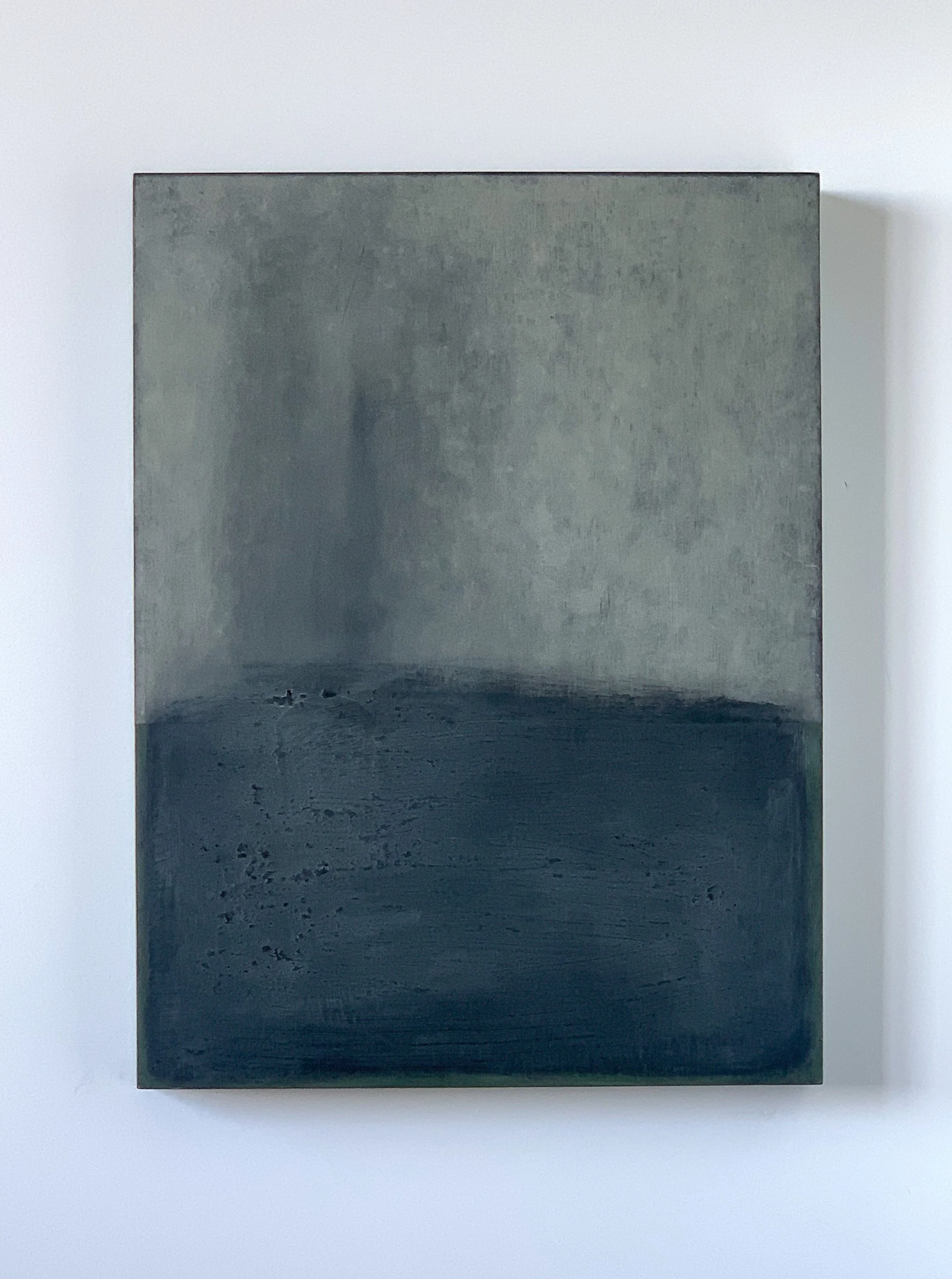 Minimalist abstract painting by Ekaterina Galera, combining layered mineral textures, muted tones and a neutral palette with a focus on material, surface and space.