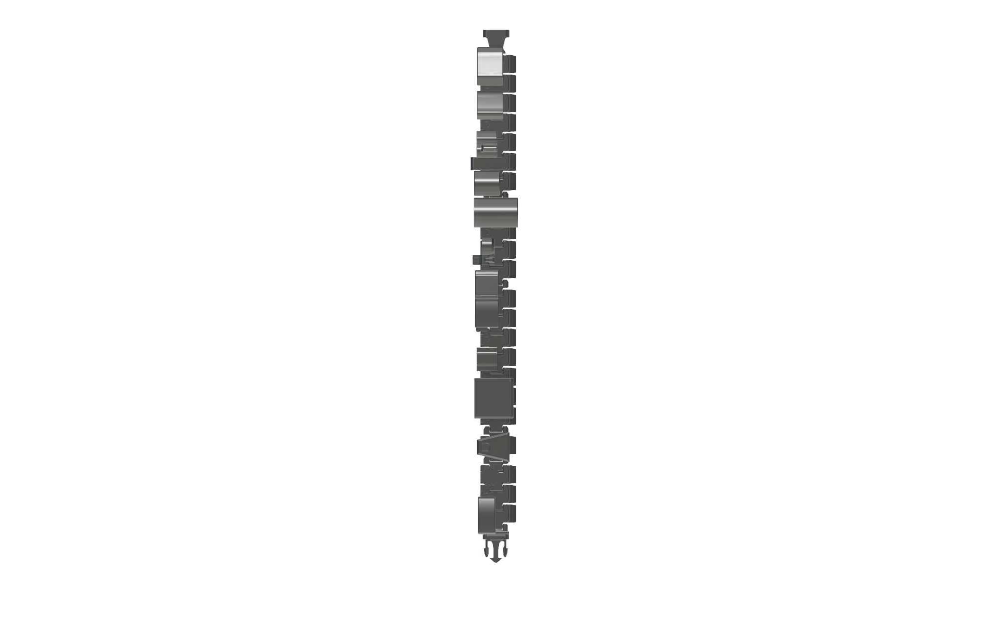 Vertical arrangement of gray, rectangular gumball machine parts or mechanical components on a white background.