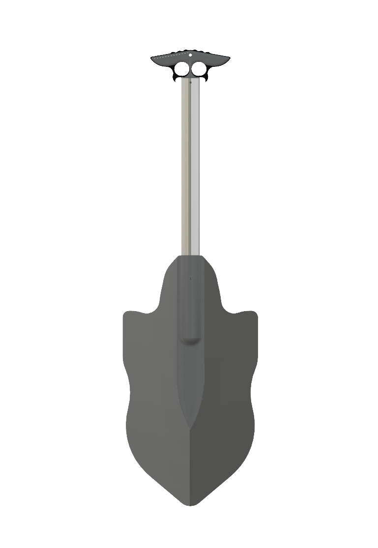 A black or dark gray paddling boat with a tall, silver metal paddle inside it.