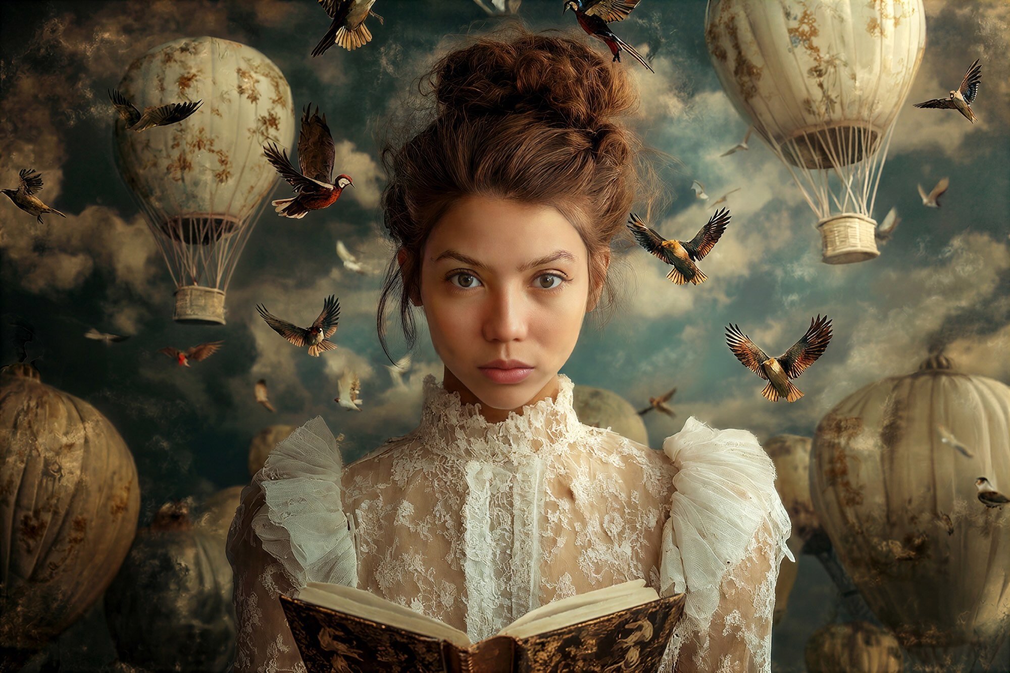 Victorian Woman in a hot air balloon background