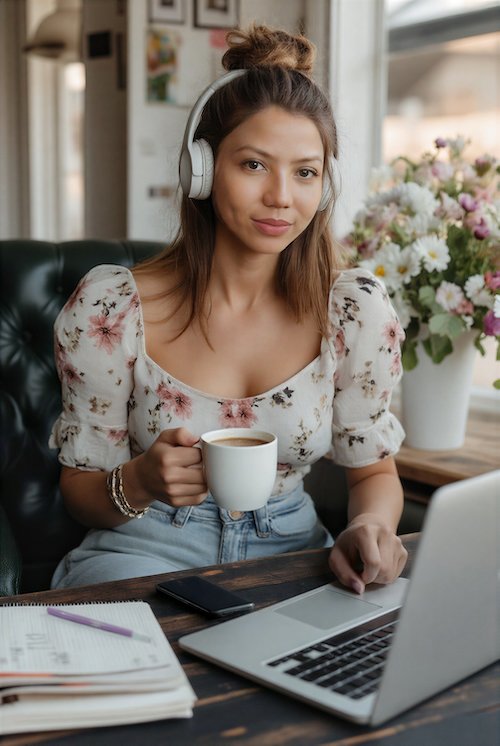 a_woman_working_wearing with a_headphone_holding_a_coffee