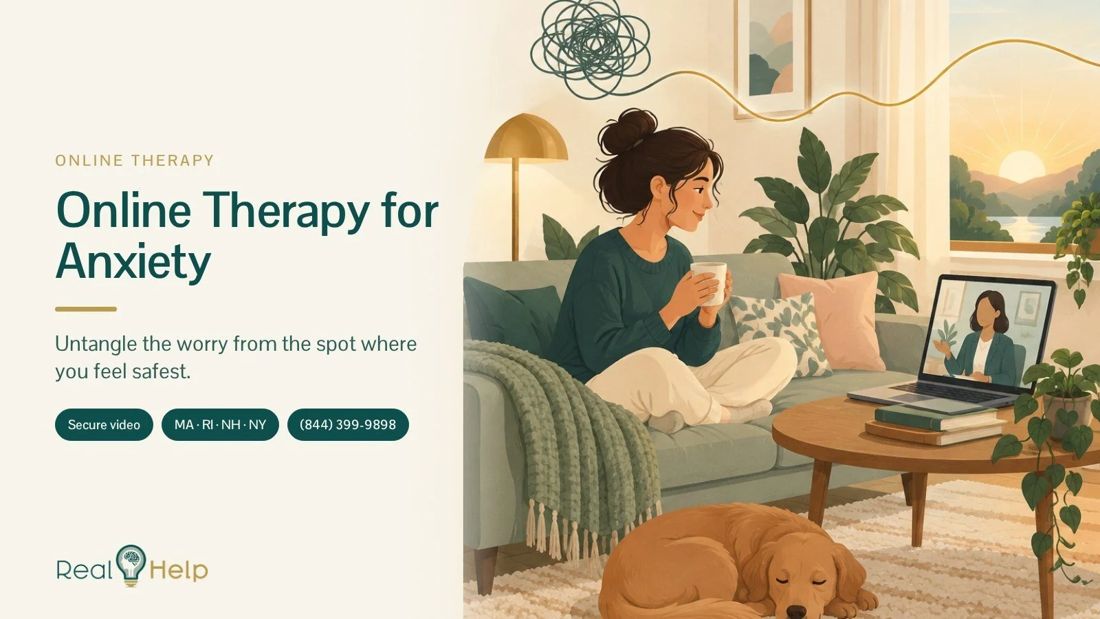 Illustration of a woman on her couch in a video therapy session, with a tangled line turning into a smooth one, for Real Help online therapy for anxiety