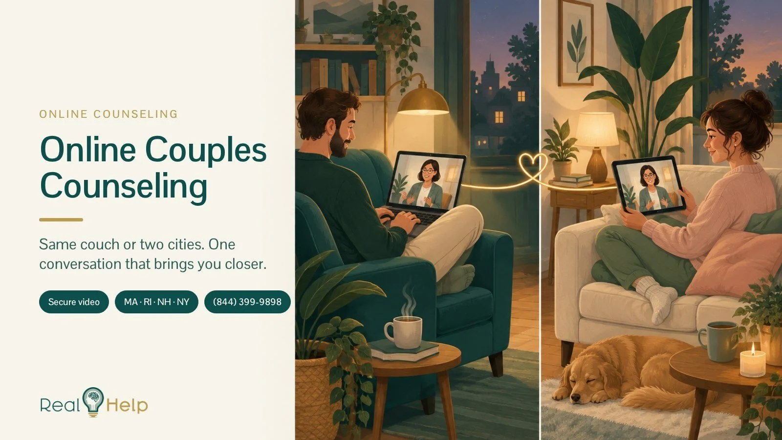 Illustration of two people in two cozy rooms on one video session, joined by a gold line with a heart, for Real Help online couples counseling