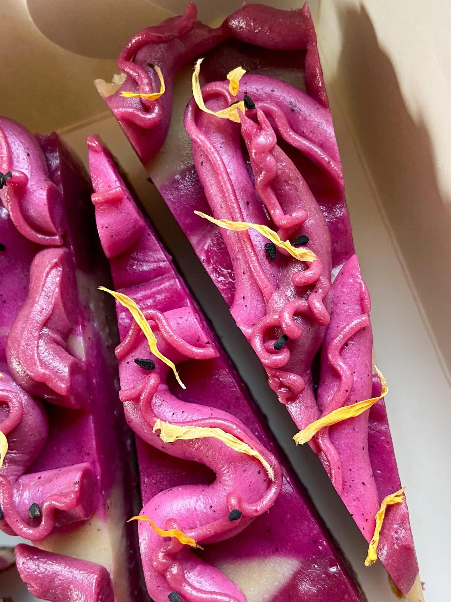 Happy Venetsialaiset! Raw cake with vanilla, strawberry and dragon fruit 🐉💕 fresh flavors, fresh colors 🌿 you can now try them at Skorpan. #vegan