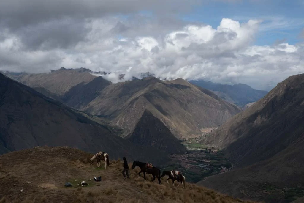 Horses and a person standing on a mountain ridge overlooking a valley with steep mountain ranges and a cloudy sky.