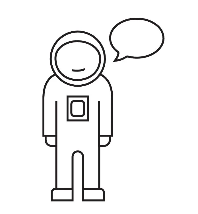 Linienzeichnung eines Astronauten mit einem Sprechblasen-Symbol für Kommunikation.