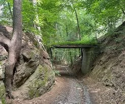 Ein schmaler Wanderweg führt durch eine grüne Waldlandschaft, flankiert von hohen Felsen und Bäumen, mit einer Holzbrücke im Hintergrund.