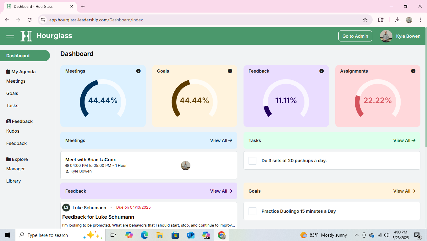 Screenshot of the Hourglass Dashboard displaying various sections including meetings, goals, feedback, and assignments, with progress percentages and upcoming scheduled meetings.