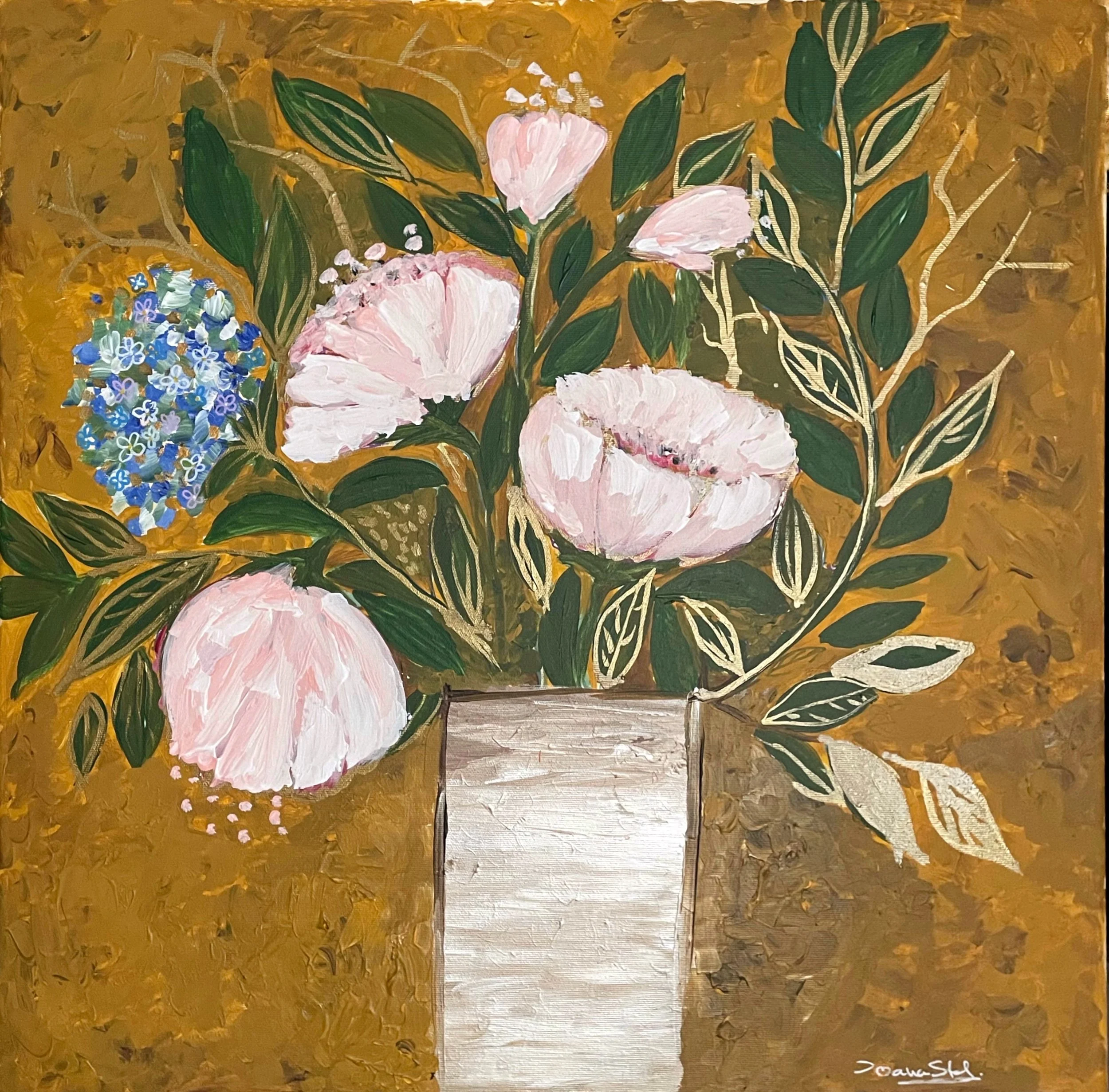 A painted floral arrangement in a white rectangular vase with pink peonies, a blue hydrangea, and green leaves on a gold background.