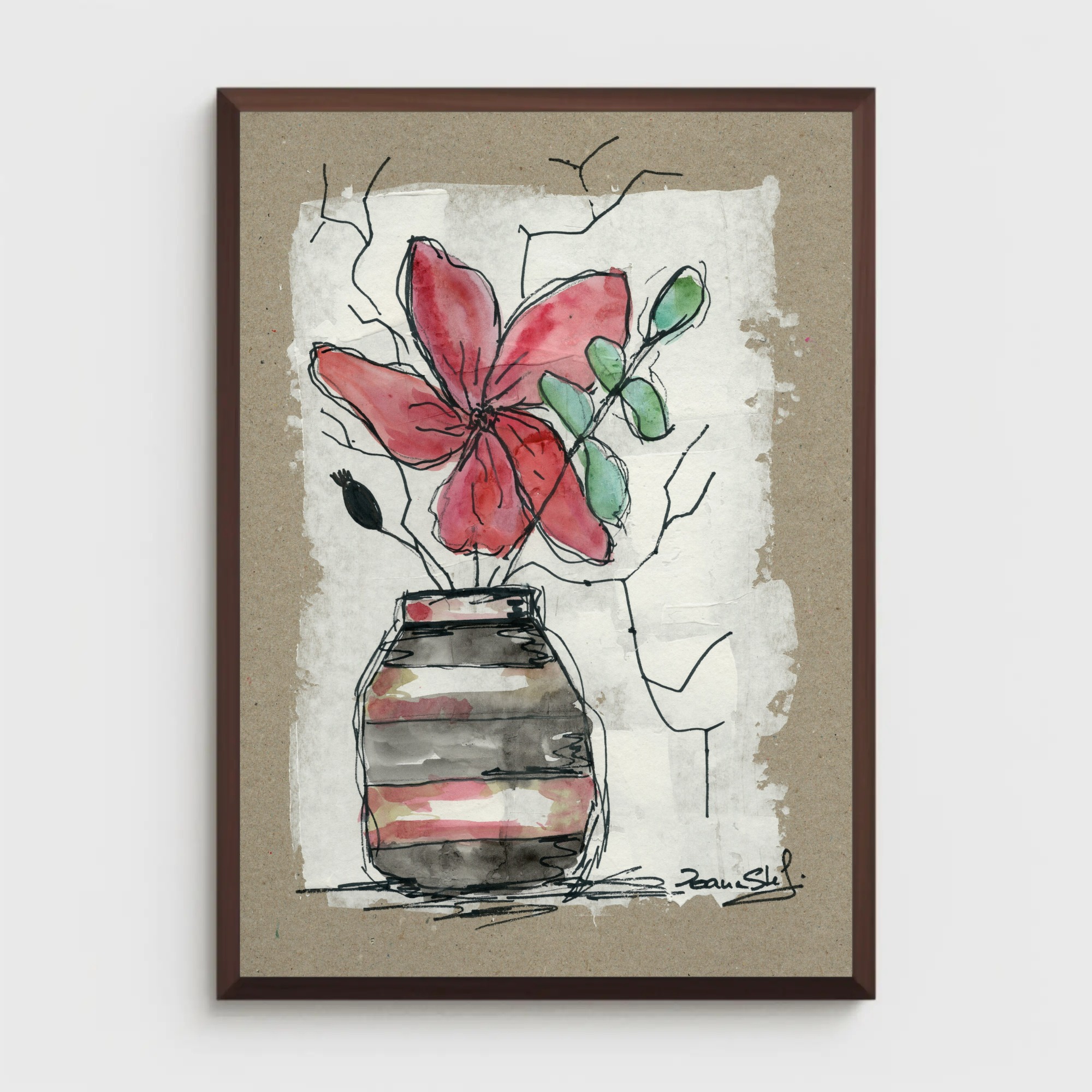A watercolor painting of a red flower in a decorative striped vase, with green leaves, set against a textured background.