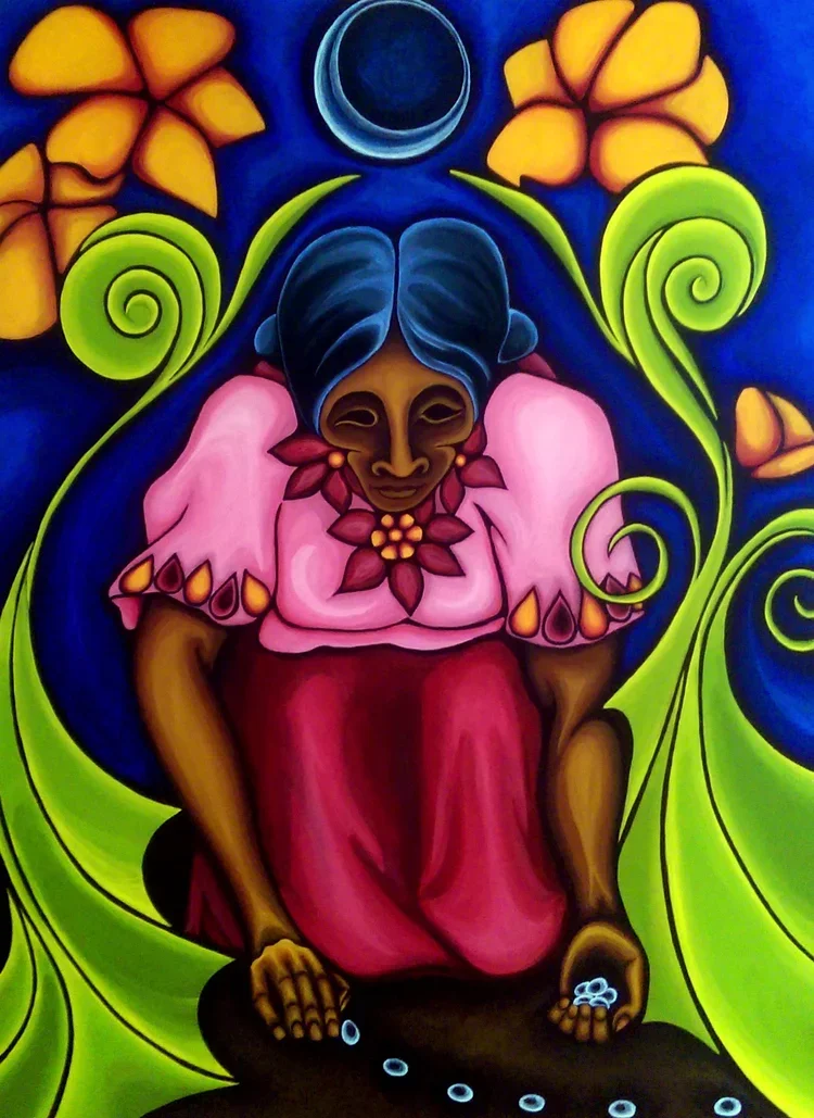 A brightly colored portrait of a woman—beneath what appears to be a dark moon in a bright midnight sky, ensconced by almost technicolor green stems crowned with gold-yellow flowers—bends over the earth, laying glowing seeds gently in the soil.