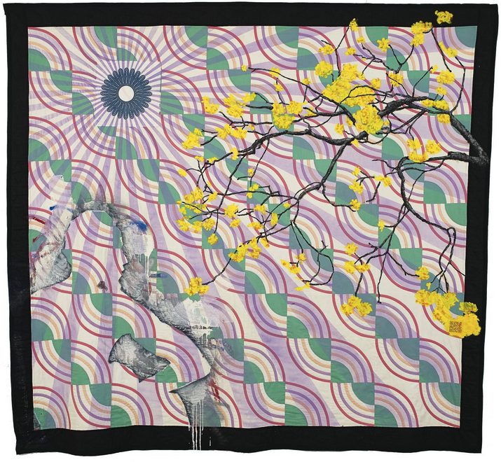 Quilt 35 (Vex) by Sanford Biggers - On a multicolored quilt background, with interlocking curves in green, red, purple, and beige, eminating like rays from a sun-like motif in the top left of the visual field. A painted branch with yellow flowers eme