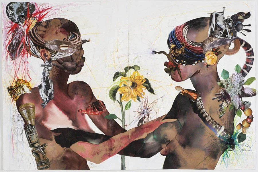 A painted collage depicting two, dark-skinned figures facing each other with arms entwined. Collage clippings of beads, snakes, animals, masks, machinery, shells, plant-matter, and more adorn their faces and bodies.